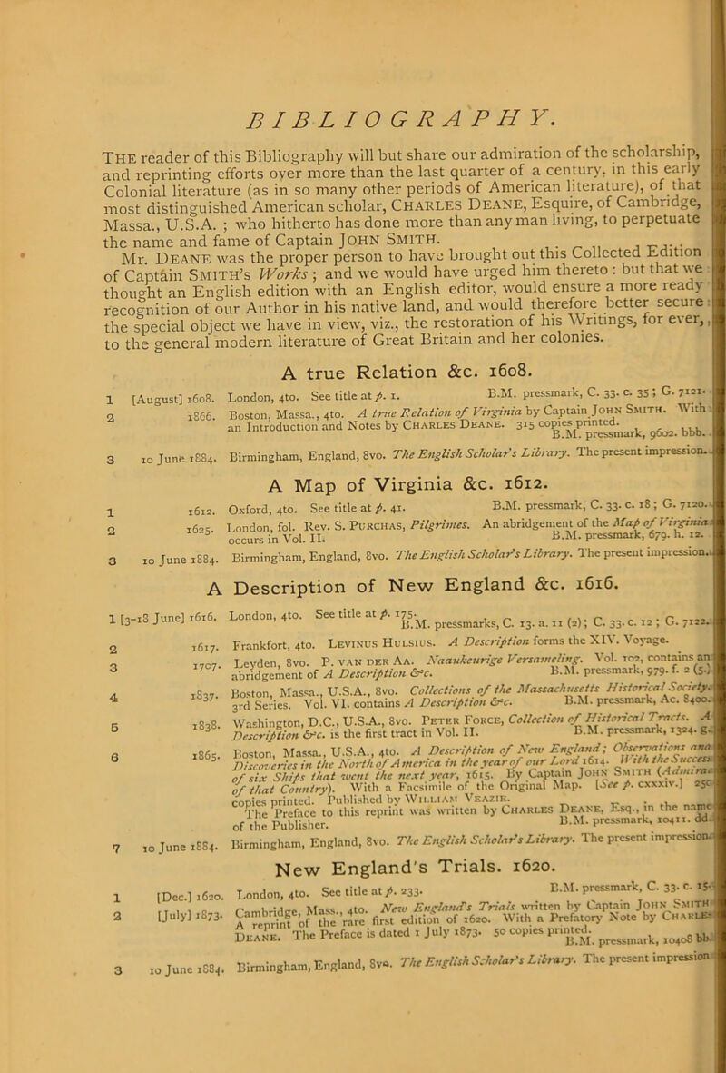 BIBLIOGRAPHY. The reader of this Bibliography will but share our admiration of the scholarship, and reprinting efforts oyer more than the last quarter of a century, in this early Colonial literature (as in so many other periods of American literature), of that most distinguished American scholar, Charles Deane, Esquire, of Cambridge, Massa., U.S.A. ; who hitherto has done more than any man living, to perpetuate the name and fame of Captain John Smith. , . ^ , -rr Mr. Deane was the pi'oper person to have brought out this Collected hmition of Captain Smith’s Works ; and we would have urged him thereto : but that \\e thought an English edition with an English editor, would ensure a more ready recognition of our Author in his native land, and would therefore better secure: the special object we have in view, viz., the restoration of his \Vntings, tor e\er,, to the general modern literatui'e of Great Britain and her colonies. 1 [.August] 1608. 2 18C6. A true Relation &c. 1608. London, 4to. See title at p. i. B.M. pressmark, C. 33- c. 35 I G. Boston, Massa., 4to. A true Relation of Virginia by Captain John Smith. W ith an Introduction and Notes by Charles Deane. 315 tbb. 3 10 June 1884. Birmingham, England, 8vo. The English Scholars Library. The present impression. 1612. 1625. 3 10 June 1884. A 1 [3-1S June] 1616. A Map of Virginia &c. 1612. Oxford, 4to. See title at p. 41. B.M. pressmark, C. 33- c- ; G. 7120. London, fol. Rev. S. Pukchas, Pilgrimes. An abridgement of the Map of Virginia occurs in Vol. II. B.M. pressmark, 679. h. 12. Birmingham, England, 8vo. The English Scholar's Library. The present impressionj Description of New England &c. i6i6. 2 3 1617. 1707. 4 5 6 1837. 1838. 1865. 7 ioJunciSS4. London, 4to- See title at A 175-, , „ , . r B.M. pressmarks, C 13. a. ii (2); C. 33. c. 12 ; G. 7122. Frankfort, 4to. Levinu.s Hulsius. A Description forms the XIV. Voj-age. Levden. 8vo. P. van DER Aa. Naankeurige VersameUng. Vol. 102, contains an abridgement of A Description Sr^c. B.M. pressmark, 979. f. 2 (5.} Boston, Mas.sa., U.S.A., 8vo. Collections of the Massachusetts HistoricalSocietyA 3rd Series. Vol. VI. contains A Description £rc. B.M. pressmark, Ac. ^400. Washineton, D.C., U.S.A., 8vo. Peter Force, Collection of Historical Tracts. A Description Src. is the first tract in Vol. II. B.M. pressmark, 1324. g. Boston, Massa., U.S.A., 410. A Description of Keso England; Disccn>eries in the North of America rn the year of our Lor-dxtu. /< iththeSuci^ of si.x Ships that suent the ne.xt year, 1615. By Captain JoH^ Smith (.Ji/wkW' of that Country). With a Facsimile of the Original Map. /■ cxxxiv.] 25c cooics printed. Published by Wii.i.iam Veazie. • .u The Preface to this reprint was written by Charles Deane, Esq., in the n.-^ of the Publisher. B.M. pressmark, 104... dd Birmingham, England, 8vo. The English Scholar's Library. The present impressiODi New England's Trials. 1620. [Dec.] 1620. [July] 1873- 3 ioJuneiS84. London, 4to. See title at p. 233. B.M. pressmark. C. 33- c. i5- Pambridee Mass., 4to. Nesv England's Trials uTitten by Capmin John Smith ATenrinf of the rare first edition of 1620. With a Prcfatoiy- Note by Chaklei Lan'e. The Preface is dated . July 1873. 5° copies pnn^t^. Birmingham, England. 8v«. The English Scholar's Libr ary. The present impression-