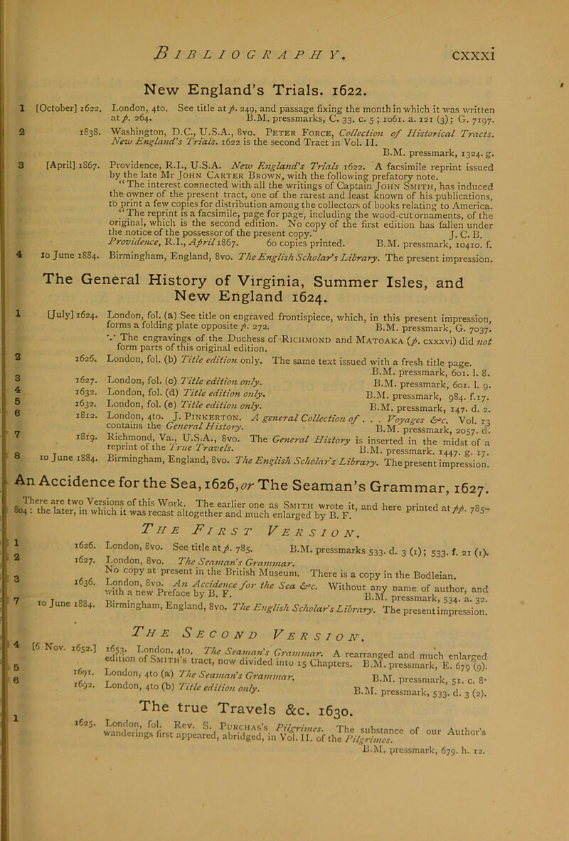 CO ^ lO CD 1 2 3 4 New England’s Trials. 1622. [October] 1622. 1838. [April] 1S67. London, 4to. See title at p. 249, and passage fixing the month in which it was written at/. 264. 13.M. pressmarks, C. 33. c. 5 ; 1061. a. 121 (3); G. 7197. Washington, D.C., U.S.A., 8vo. Peter Force, CoUcciion of Historical Tracts. New England's Trials. 1622 is the second Tract in Vol. II. B.M. pressmark, 1324. g. Providence, R.I., U.S.A. New Ettgland’s Trials 1622. A facsimile reprint issued by the late Mr John Carter Brown, with the following prefatory note. “ The interest connected with all the writings of Captain John Smith, has induced the owner of the present tract, one of the rarest and least known of his publications, to print a few copies for distribution among the collectors of books relating to America. “ The reprint is a facsimile, page for page, including the wood-cut ornaments, of the original, which is the second edition. No copy of the first edition has fallen under the notice of the possessor of the present copy. J. C. B. ProvideiKe, R.I., AprilsAtT. 60 copies printed. B.M. pressmark, 10410. f. 7 8 The General History of Virginia, Summer Isles, and New England 1624. [July] 1624. London, fol. (a) See title on engraved frontispiece, which, in this present impression forms a folding plate opposite p. 272. B.M. pressmark, G. 7037! •.•The engravings of the Duchess of Richmond and Matoaka (/. cxxxvi) did 7wt form parts of this original edition. 1626. London, fol. (b) Title edition only. The same text issued with a fresh title page. B.M. pressmark, 601. 1. 8. 1627. London, fol. (0) Title edition only. B.M. pressmark, 601. 1. 9. 1632. 'LonAo’ci,io\.(&) Title edition only. B.M. pressmark, 984. f.i7. 1632. London, fol. (e) Title edition only. B.M. pressmark, 147. d. 2. 1812. London, 4to. J. Pinkerton. A general Collection of ... Voyages ^c VoIi- co^\^ins. General History. B.M.'^ressmark, 2057. d1 1819. Kichmond, Va., U.S.A., 8vo. The General History is inserted in the midst of a T ,0 rue Travels. B.M. pressmark. 1447. g. 17. 10 June 1884. Birmingham, England, 8vo. The English Scholar s Library. The present impression. An Accidence for the Sea, 1626,or The Seaman’s Grammar, 1627. There are two Vemions of this Work. The earlier one as Smith wrote it, and here printed at hi 78s- 804 . the later, in which it was recast altogether and much enlarged by B. F. ^ ^ ^ The First Version. 1626. London, 8vo. See title at/. 783. B.M. pressmarks 533. d. 3 (1); 533. f. 21 (,). ^^^7* London, 8vo. *The Seavian's Grainviart No copy at present in the British Museum. There is a copy in the Bodleian. wrh^'rnew Preface by'^T^''  Without any name of author, and T nn f%. . . ^ ^ pressmark, S‘34. a. ■12. 10 June 1884. Birmingham, England, 8vo. The English Scholar's Library.. The present impression. The Second Version. [6 Nov. 1652.] London, 410. The Seaman's Grammar. A rearranged and much enlarged edition of Smith s tract, now divided into 15 Chapters. B.IVI. pressmark, E. 679^9). T rtnrt met ...» / r%\ *t'J. ! if \J t ifigr. London, 4to (a) The Seaman's Grammar. 1692. London, 410 (b) Title edition only. The true Travels &c. 1630. B.M. pressmark, 51. c. 8^ B.M. pressmark, 533. d. 3 (2). Author. B.M. pressmark, 679. h. 12.