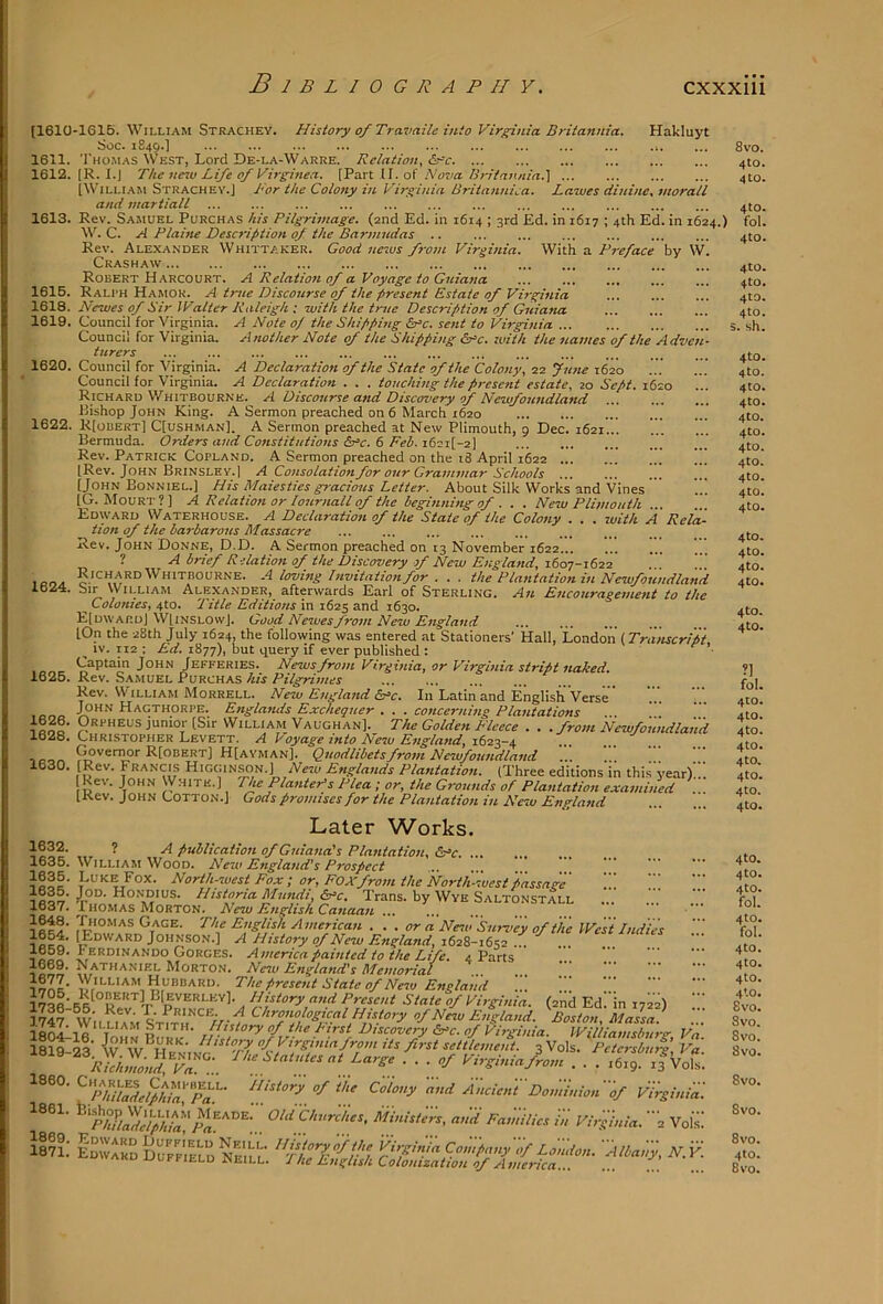 Bibliography. cxxxin [1610 1611. 1612. 1613. 1616. 1618. 1619. -1615. William Strachey. History of Travaile into Virginia. Britannia. Hakluyt Soc. 1849.] ... ... ... ... ... ... ... ... ... ... ... Tho.mas West, Lord De-la-Warre. Relation, &^c (R. I.J The tiew Life of Virginea. [Part U.of Nova Britannia.] ... [WiLLl.AM Strachev.J LOr the Cotony in Virginia Britanniea. Lawes ciiuine, moratl and martiall Rev. Samuel Purchas his Pilgrimage. (2nd Ed. in 1614 ; 3rd Ed. in 1617 ; 4th Ed. in 1624, W. C. A Plaine Description of the Barmndas .. Rev. Alexander Whittaker. Good ucius from Virginia. Crash AW Robert Harcourt. A Relation of a Voyage to Cniana ... Rali'h Hamor. a tme Discourse of the present Estate of Virginia Newes of Sir Walter Raleigh ; ■with the true Description of Guiana Council for Virginia. A Note 0/ the Shipping Li^c. sent to Virginia ... Another Note of the Shipping &^c. zvith the names of the Advczz- With a Preface by W. Council for Virginia. hirers 1620. Council for Virginia. Council for Virginia. A Declaration of the State of the Colony, 22 fuzie 1620 A Declaration . . . touching the present estate, 20 Sept. 1620 Richard Whitbourne. A Discourse and Discovery cf Newfoundland ... ... ... 1-iishop John King. A Sermon preached on 6 March 1620 1622. R[oiiert] C[ushman], A Sermon preached at New Plimouth, 9 Dec. 1624... Bermuda. Orders and Constitutions 6 Feh. i62i[-2] Rev. Patrick Copland. A Sermon preached on the 18 April 1622 IRev. John Brinsley.) A Consolation for our Grammar Schools ”. [John Bonniel.] His Maiesties gracious Letter. About Silk Works and Vines ' [G. Mourt?] a Relation or lournall of the beginning of . . . Nezu Plimouth Edward Waterhouse. A Declaration of the State of the Colony . . . zvith A Rela- ilon of the harbarons Massacre Hev. John Donne, D.D. A. Sermon preached on 13 November 1622 ? A brief Rdation of the Discovery f New England, 1607-1622 xarsA Whitbourne. A loving Divitntion for .. . the Plantation in Newfoundland 1624. Sir William Alexander, afterwards Earl of Sterling. An Encoitragement to the ^ Colonies, 4to. Title Editions in 1625 and 1630. E[d\vardJ WtiNSLOwJ. Good Newesf>'07n New England lOn the 28th July 1624, the following was entered at Stationers' Hall, London (Triutscribt ^ IV. T12 ; Ed. 1877), but query if ever published : ^ Captain John Jefferies. News from Virgi?iia, or Virginia strict naked. 1625. Rev. Samuel Purchas his PilgHmes Rev. William Morrell. New England &^c. In Latin and English 'Versr ^hn Hagthorpe. Englands Exchequer . . . concerning Plantations ! Orpheus junior [Sir William Vaugh/vn]. The Golden Eleece . . . front Newfoimdland Christopher Levett, A Voyage into New England, 1623-4 ^vemor R[obert] H[ayman]. Qnodlibetsfrom Nexvfoundland ... [Rev. Francis Higginson.J Neiv Englatids Plantation. (Three editions in this year) Kev. John White.] The Planters Ptea ■ or, the Grounds of Plantation examined IKev. John Cotton.] Gods promises for the Plantation in New England Later Works. ? A publication of Giiianals Pla^ttation, &^c William Wood. New E7tglafid's Prospect . Luke Fox. North-west Fox ; or, Foxfroin the North-west passage JOD. Hondius. Historia Mundi, &^c. Trans, by Wye Saltonstall Thomas Morton. New Eiiglish Canaan ... ... ... ... . ** ’* ■*’* Thomas Gage. The English Americati . . . or a Nezv'Snrz^e'y of the West Didies [Edward Johnson.] A Hzstory of New England, z62S-z(,c2 . Ferdinando Gorges. America painted to the Life. 4 Parts Nathaniel Morton, New Efigland's Memorial William Hubbard. The preseiit State of Nexv England \\\ KIobert] BIeverlky]. History and Present State of Virginia. (2nd Edi’in 1722) ’ W'l LLMM // -.f ^ of New Ezfglaztd. Boston, Mala.' Z -16 TmiN Pnl V Discovery &=c. of Virginia. Wiiiiamsinrg, Va. w u of Virginia from its first settlement. 3V0IS. Petersbu^ Va ^ \f‘’Z Ancient Dominion'of vZginiZ. P?dfdl]thiapf''^^' Binist'e'is, and Fain'ilies in Virginia. 2 Vok. 1626. 1628. 1630. 1632. 1635. 1636 1635, 1637. 1648. 1654. 1669, 1669. 1677, 1705, 1736- 1747. 1804 1819- 1860, 1861, 1869, 1871, 8vo. 4to. 4 to. 4 to. ) fol. 4to. 4to. 4to. 4tn. 4to. 5. sh. 4to. 4to. 4to. 4to. 4to. 4to. 4to. 4to. 4to. 4to. 4to. 4to. 4to. 4to. 4to. 4to. 4to. ?] fol. 4to. 4to. 4to. 4to. 4to. 4to. 4to. 4to. 4to. 4to. 4to. fol. 4to. fol. 4to. 4to. 4tO. 4’.0. Svo. Svo. Svo. Svo. Svo. Svo. Svo. 4to. Svo.