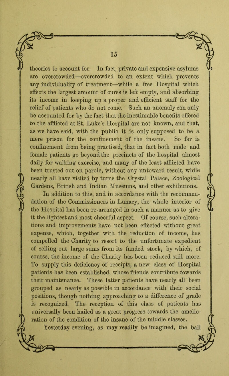 theories to account for. In fact, private and expensive asylums are overcrowded—overcrowded to an extent which prevents any individuality of treatment—while a free Hospital which effects the largest amount of cures is left empty, and absorbing its income in keeping up a proper and efficient staff for the relief of patients who do not come. Such an anomaly can only be accounted for by the fact that the inestimable benefits offered to the afflicted at St. Luke’s Hospital are not known, and that, as we have said, with the public it is only supposed to be a mere prison for the confinement of the insane. So far is confinement from being practised, that in fact both male and female patients go beyond the precincts of the hospital almost daily for walking exercise, and many of the least afflicted have been trusted out on parole, without any untoward result, while nearly all have visited by turns the Crystal Palace, Zoological Gardens, British and Indian Museums, and other exhibitions. In addition to this, and in accordance with the recommen- dation of the Commissioners in Lunacy, the whole interior of the Hospital has been re-arranged in such a manner as to give it the lightest and most cheerful aspect. Of course, such altera- tions and improvements have not been effected without great expense, which, together with the reduction of income, has compelled the Charity to resort to the unfortunate expedient of selling out large sums from its funded stock, by which, of course, the income of the Charity has been reduced still more. To supply this deficiency of receipts, a new class of Hospital patients has been established, whose friends contribute towards their maintenance. These latter patients have nearly all been grouped as nearly as possible in accordance with their social positions, though nothing approaching to a difference of grade is recognized. The reception of this class of patients has universally been hailed as a great progress towards the amelio- ration of the condition of the insane of the middle classes. Yesterday evening, as may readily be imagined, the ball