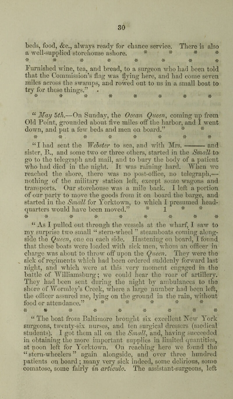 beds, food, &c., always ready for cbance service. There is also a well-supplied storehouse ashore. * * * * * * -k- Furnished wine, tea, and bread, to a surgeon who had been told that the Commission’s flag was Hjdng here, and had come seven miles across the swamps, and rowed out to us in a small boat to try for these things.” * -X- vi- * * * * * May ^th.—On Sunday, the Ocean Queen^ coming up from Old Point, grounded about five miles off the harbor, and I went down, and put a few beds and men on board.” * •K- * . -x- -H- * “I had sent the Webster to sea, and with Mrs. and sister, B., and some two or three others, started in the Small to go to the telegraph and mail, and to bury the body of a patient wlio had died in the night. It was raining hard. When wo reached the shore, there was no post-office, no telegraph,— nothing of the military station left, except some wagons and transports. Our storehouse was a mile back. I left a portion of our party to move the goods from it on board the barge, and started in the Small for Yorktown, to which I presumed head- cparters would have been moved.” * 1 * •if * -:f -X- * * ^5- -X- -X- As I pulled out through the vessels at the wharf, I saw to my surprise two small ‘‘ stern-wheel ” steamboats coming along- side the Queen^ one on each side. Hastening on board, I found that these boats were loaded with sick men, whom an officer in charge was about to throw off upon the Queen. They were the ^ sick of regiments which had been ordered suddenly forward last night, and which Avere at this A^ery moment engaged in the battle of Williamsburg; we could hear the roar of artillery. They had been sent during the night by ambulances to the shore of Wormley’s Creek, Avhere a large number had been left, the officer assured me, lying on the ground in the rain, Avithout food or attendance.” * * X- * -K- X 4c- “ The boat from Baltimore bi’ought six excellent 'New York surgeons, tAventy-six nurses, and ten surgical dressers (medical studeiits). I got them all on the Small, and, havung succeeded in obtaining the more important supplies in limited quantities, at noon left for YorktOAAm. On reaching here aa^c found the stern-Avheelers ” again alongside, and over three hundred patients on board ; many very sick indeed, some delirious, some comatose, some fairly in articulo. The assistant-surgeons, left