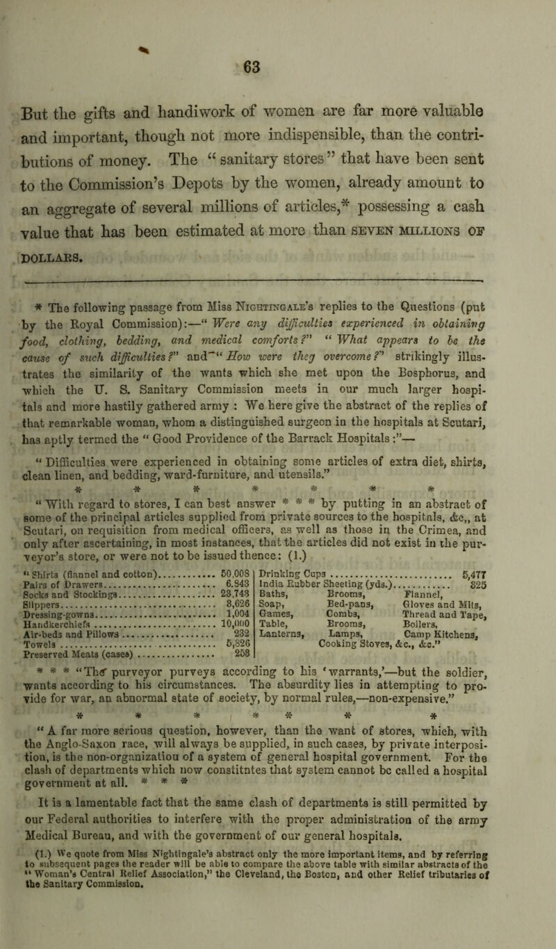 But the gifts and handiwork of women are far more valuable and important, though not more indispensible, than the contri- butions of money. The “ sanitary stores ” that have been sent to the Commission’s Depots by the women, already amount to an aggregate of several millions of articles,* possessing a cash value that has been estimated at more than seven millions oe DOLLAKS, * The following passage from Miss Nightingale’s replies to the Questions (put by the Royal Commission):—“ We)'e any dijjiculties experienced in obtaining food, clothing, bedding, and medical ccnnfortsf' “ What appears to he the cause of such difficulties and““ How were they overcome P strikingly illus- trates the similarity of the wants which she met upon the Bosphorus, and which the U. S. Sanitary Commission meets in our much larger hospi- tals and more hastily gathered army : We here give the abstract of the replies of that remarkable woman, whom a distinguished surgeon in the hospitals at Scutari, has aptly termed the “ Good Providence of the Barrack Hospitals— “ Difficulties were experienced in obtaining some articles of extra diet, shirts, clean linen, and bedding, ward-furniture, and utensils.” * * *• * * “ With regard to stores, I can best answer * * * by putting in an abstract of some of the principal articles supplied from private sources to the hospitals, <fec„ at Scutari, on requisition from medical officers, as well as those in the Crimea, and only after ascertaining, in most instances, that the articles did not exist in the pur- veyor’s store, or were not to be issued thence: (1.) “ Shirts (flannel and cotton) 50,008 Pairs of Drawers 6.343 Socks and Stockings 23,743 Slippers 8,626 Dressing-gowns 1,004 Handkerchiefs 10,O(i0 Air-beds and Pillows 232 Towels 5,826 Preserved Meats (cases) 253 Drinking Cups 5,47T India Rubber Sheeting (yds.) 825 Baths, Brooms, Flannel, Soap, Bed-pans, Gloves and Mils, Games, Combs, Thread and Tape, Table, Brooms, Boilers, Lanterns, Lamps, Camp Kitchens, Cooking Stoves, &c., 4fcc.” ^ ^ ^ “Thd’purveyor purveys according to his ‘warrants,’—but the soldier, wants according to his circumstances. The absurdity lies in attempting to pro- vide for war, an abnormal state of society, by normal rules,—non-expensive.” * * I * ^ * * “ A far more serious question, however, than the want of stores, which, with the Anglo-Saxon race, will always be supplied, in such cases, by private interposi- tion, is the non-organizatiou of a system of general hospital government. For the clash of departments which now constitntes that system cannot be called a hospital government at all. * * It is a lamentable fact that the same clash of departments is still permitted by our Federal authorities to interfere with the proper administration of the army Medical Bureau, and with the government of our general hospitals. (1.) We quote from Miss Nightingale’s abstract only the more important items, and by referring to subsequent pages the reader will be able to compare the above table with similar abstracts of the “ Woman’s Central Relief Association,” the Cleveland, the Boston, and other Relief tributaries of the Sanitary Commission.
