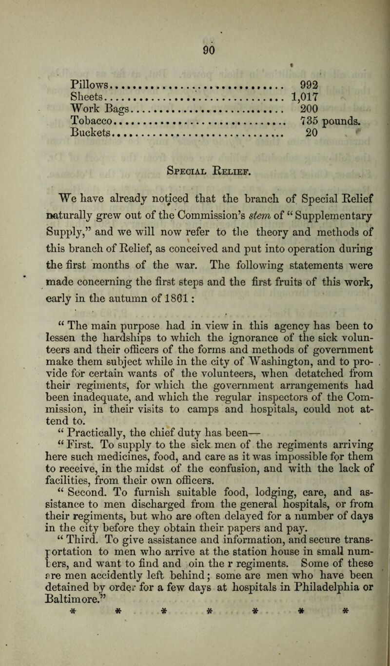 Pillows.... Sheets Work Bags Tobacco... Buckets. •., 992 1,017 200 735 pounds. 20 Special Relief. We have already noticed that the branch of Special Relief naturally grew out of the Commission’s stem of “ Supplementary Supply,” and we will now refer to the theory and methods of this branch of Relief, as conceived and put into operation during the first months of the war. The following statements were made concerning the first steps and the first fruits of this work, early in the autumn of 1861: “ The main purpose had in view in this agency has been to lessen the hardships to which the ignorance of the sick volun- teers and their officers of the forms and methods of government make them subject while in the city of Washington, and to pro- vide for certain wants of the volunteers, when detatched from their regiments, for which the government arrangements had been inadequate, and which the regular inspectors of the Com- mission, in their visits to camps and hospitals, could not at- tend to. ‘‘ Practically, the chief duty has been— First. To supply to the sick men of the regiments arriving here such medicines, food, and care as it was impossible for them to receive, in the midst of the confusion, and with the lack of facilities, from their own officers. Second. To furnish suitable food, lodging, care, and as- sistance to men discharged from the general hospitals, or from their regiments, but who are often delayed for a number of days in the city before they obtain their papers and pay. “ Third. To give assistance and information, and secure trans- portation to men who arrive at the station house in small num- bers, and want to find and 'oin the r regiments. Some of these are men accidently left behind; soihe are men who have been detained by order for a few days at hospitals in Philadelphia or Baltimore.” * * * * * , * * a