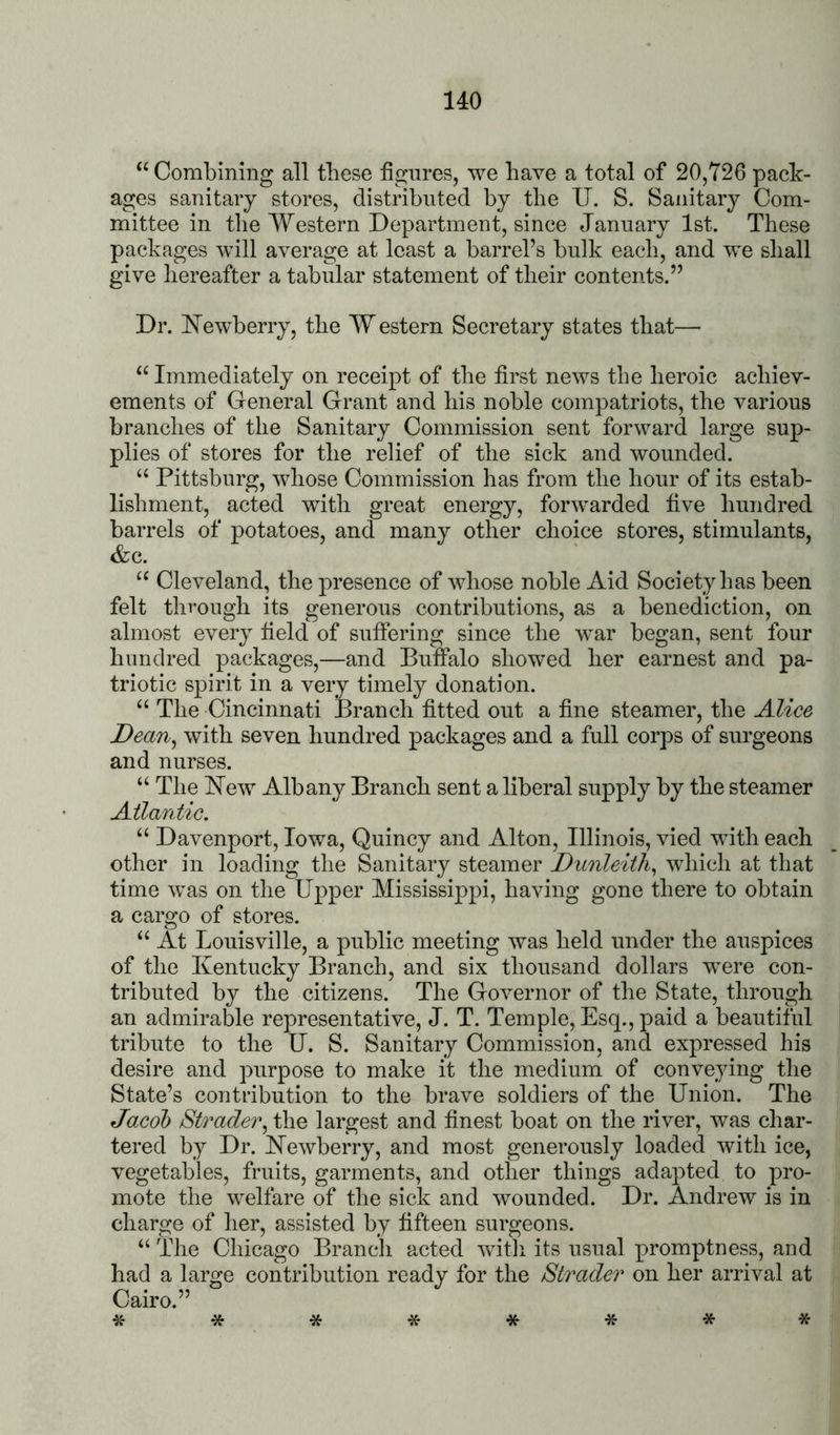 ‘‘ Combining all these figures, we have a total of 20,726 pack- ages sanitary stores, distributed by the TJ. S. Sanitary Com- mittee in the Western Department, since January 1st. These packages will average at least a barrel’s bulk each, and we shall give hereafter a tabular statement of their contents.” Dr. ISTewberry, the W estern Secretary states that—• “ Immediately on receipt of the first news the heroic achiev- ements of General Grant and his noble compatriots, the various branches of the Sanitary Commission sent forward large sup- plies of stores for the relief of the sick and wounded. ‘‘ Pittsburg, whose Commission has from the hour of its estab- lishment, acted with great energy, forwarded five hundred barrels of potatoes, and many other choice stores, stimulants, &c. Cleveland, the presence of whose noble Aid Society has been felt through its generous contributions, as a benediction, on almost every field of suffering since the war began, sent four hundred packages,—and Buffalo showed her earnest and pa- triotic spirit in a very timely donation. The Cincinnati Branch fitted out a fine steamer, the Alice Dean^ with seven hundred packages and a full corps of surgeons and nurses. “ The Hew Albany Branch sent a liberal supply by the steamer Atlantic. “ Davenport, Iowa, Quincy and Alton, Illinois, vied with each other in loading the Sanitary steamer Dunleith^ which at that time was on the Upper Mississippi, having gone there to obtain a cargo of stores. “ At Louisville, a public meeting was held under the auspices of the Kentucky Branch, and six thousand dollars were con- tributed by the citizens. The Governor of the State, through an admirable representative, J. T. Temple, Esq., paid a beautiful tribute to the U. S. Sanitary Commission, and expressed his desire and purpose to make it the medium of conveying the State’s contribution to the brave soldiers of the Union. The Jacob Strader^ the largest and finest boat on the river, was char- tered by Dr. Hewberry, and most generously loaded with ice, vegetables, fruits, garments, and other things adapted to pro- mote the welfare of the sick and wounded. Dr. Andrew is in charge of her, assisted by fifteen surgeons. “ The Chicago Branch acted witli its usual promptness, and had a large contribution ready for the Strader on her arrival at Cairo.” •}&*******