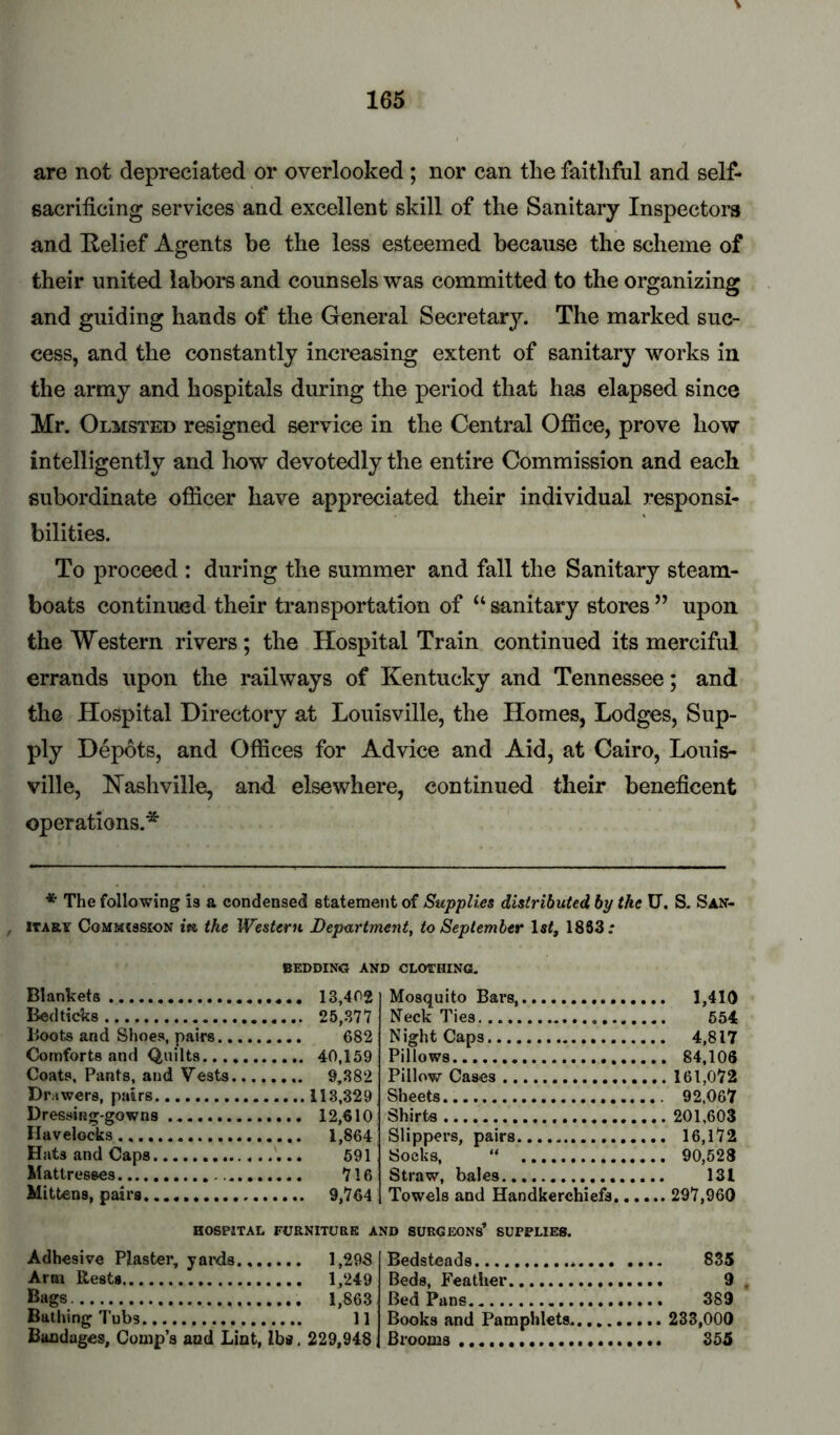 are not depreciated or overlooked; nor can the faithful and self- sacrificing services and excellent skill of the Sanitary Inspectors and Helief Agents be the less esteemed because the scheme of their united labors and counsels was committed to the organizing and guiding hands of the General Secretarj^ The marked suc- cess, and the constantly increasing extent of sanitary works in the army and hospitals during the period that has elapsed since Mr. Olmsted resigned service in the Central Office, prove how intelligently and how devotedly the entire Commission and each subordinate officer have appreciated their individual responsi- bilities. To proceed : during the summer and fall the Sanitary steam- boats continued their transportation of “sanitary stores” upon the Western rivers ; the Hospital Train continued its merciful errands upon the railways of Kentucky and Tennessee; and the Hospital Directory at Louisville, the Homes, Lodges, Sup- ply Depots, and Offices for Advice and Aid, at Cairo, Louis- ville, Kashville, and elsewhere, continued their beneficent operations.* * The following is a condensed statement of Supplies distributed by the U. S. San- , ITAS.Y Commission itt the Western Department, to September 1st, 1883; Blankets Bed ticks Boots and Shoes, pairs., Comforts and Quilts... Coats, Pants, and Vests Drawers, pairs Dressing-gowns Havelocks Hats and Caps Mattresses Mittens, pairs BEDDING AND CLOfHING. 13,402 25,377 682 40,159 9,382 113,329 12,610 1,864 691 716 9,764 Mosquito Bars, Neck Ties Night Caps Pillows Pillow Cases Sheets Shirts Slippers, pairs Socks, “ Straw, bales Towels and Handkerchiefs HOSPITAL FURNITUaE AND SURGEONs’ SUPPLIES. Adhesive Plaster, yai’ds., 1,298 Arm Rests 1,249 Bags 1,863 Bathing Tubs 11 Bandages, Comp’s and Lint, lbs. 229,948 Bedsteads Beds, Feather Bed Pans Books and Pamphlets. Brooms 1,410 654 4,817 84,106 161,072 92.067 201,603 16,172 90,528 131 297,960 835 9 389 233,000 855
