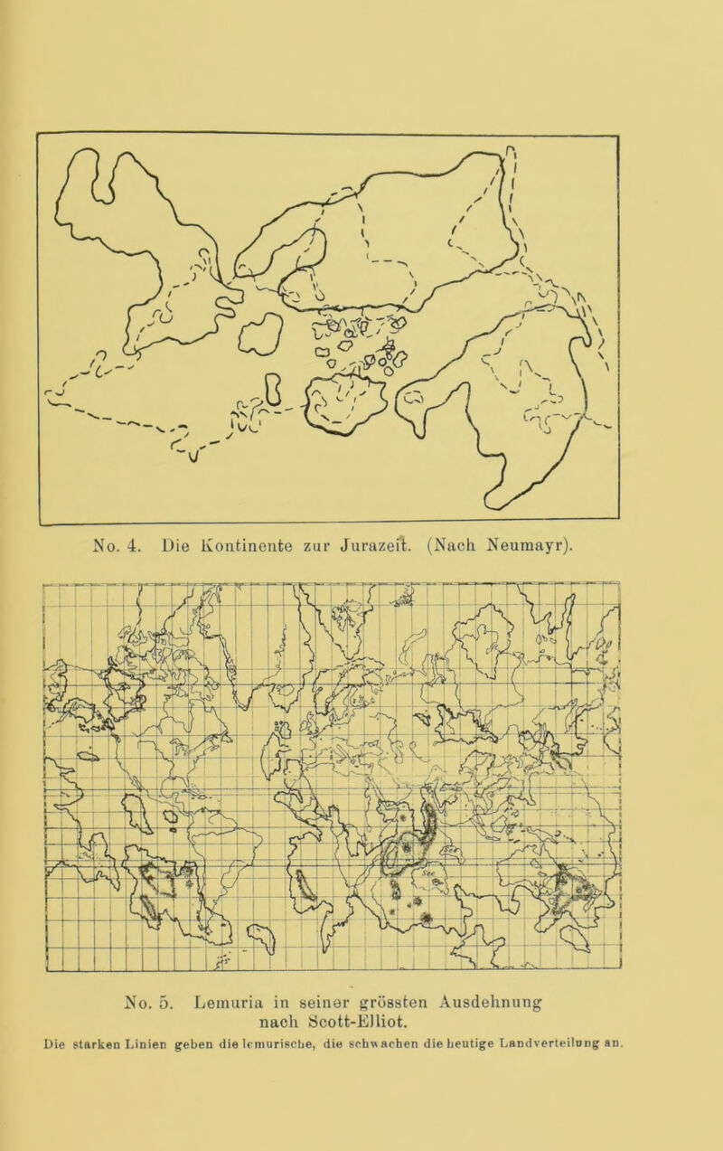 No. 5. Lemuria in seiner grössten Ausdehnung nach Öcott-Elliot. Die starken Linien geben die Irniurisclie, die schwachen die heutige Landverteilong an.