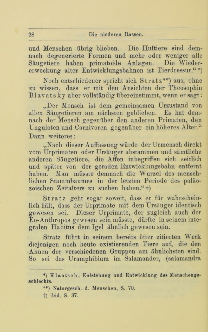 und Menschen übrig blieben. Die Huftiere sind dem- nach degenerierte Formen und mehr oder weniger alle Säugetiere haben primatoide Anlagen. Die Wieder- erweckung alter Entwickluugsbahnen ist Tierdressur.“*) Noch entschiedener spricht sich St ratz**) aus, ohne zu wissen, dass er mit den Ansichten der Thcosophin Blavatsky aber vollständig übereinstimmt, wenn er sagt: „Der Mensch ist dem gemeinsamen Urzustand von allen Säugetieren am nächsten geblieben. Es hat dem- nach der Mensch gegenüber den anderen Primaten, den Ungulaten und Carnivoren gegenüber ein höheres Alter.“ Dann weiteres: „Nach dieser Auffassung würde der Urmensch direkt vom Urprimaten oder Ursäuger abstammen und sämtliche anderen Säugetiere, die Affen inbegriffen sich seitlich und später von der geraden Entwicklungsbahu entfernt haben. Mau müsste demnach die Wurzel des mensch- lichen Stammbaumes in der letzten Periode des paläo- zoischen Zeitalters zu suchen haben.“ f) St ratz geht sogar soweit, dass er für wahrschein- lich hält, dass der Urprimate mit dem Ursäuger identisch gewesen sei. Dieser Urprimate, der zugleich auch der Eo-Anthropos gewesen sein müsste, dürfte in seinem inte- gralen Habitus dem Igel ähnlich gewesen sein. Stratz führt in seinem bereits öfter zitierten Werk diejenigen noch heute existierenden Tiere auf, die den -Ahnen der verschiedenen G-ruppen am ähnlichsten sind. So sei das Uramphibium im Salamander, (salamandra *) Klaatsch, Entstehung und Entwicklung des Menschenge- schlechts. **) Raturgesch. d. Menschen, S. 70.