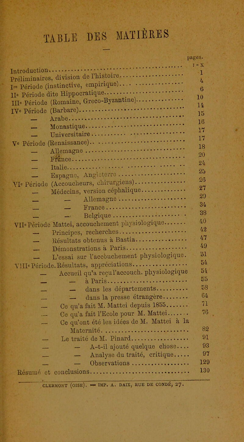 TABLE DES MATIÈRES pages. Introduction. y Préliminaires, division de l’histoire Période (instinctive, empirique) 1I« Période dite Hippocratique < IIIe Période (Romaine, Greco-Byzantine) IYe Période (Barbare) — Arabe — Monastique.» Universitaire. Ve Période (Renaissance) — Allemagne — France — Italie — Espagne, Angleterre y R période (Accoucheurs, chirurgiens) Médecins, version céphalique — Allemagne — France _ — Belgique VII® Période Mattéi, accouchement physiologique — Principes, recherches — Résultats obtenus à Bastia — Démonstrations à Paris — L’essai sur l’accouchement physiologique. Ville Période. Résultats, appréciations • • • Accueil qu’a reçul’accouch. physiologique — — à Paris — — dans les départements _ — dans la presse étrangère — Ce qu’a fait M. Mattéi depuis 1855 Ce qu’a fait l’Ecole pour M. Mattéi — Ce qu’ont été les idées de M. Mattéi à la Maternité — Le traité de M. Pinard — — A-t-il ajouté quelque chose.... — Analyse du traité, critique _ — Observations Résumé et conclusions i - x 1 4 6 10 14 15 16 17 17 18 20 24 25 26 27 29 34 38 40 42 47 49 '51 54 5i 55 58 64 71 76 , 82 91 93 97 129 130 CLERMONT (OISE). —» IMP. A. DAIX, RUE DE CONDE, 2J.