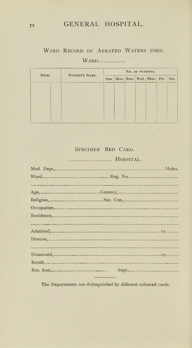 Ward Record of Aerated Waters used. Ward Date. Patient’s Name. No. op Syphons. Sun. Mon. Tues. Wed. Thur. Fri. Sat. Specimen Bed Card. Hospital. Med. Dept., Males. Ward Reg. No Age, Country, Religion, Soc. Con., Occupation, Residence, Admitted, 19 Disease, Dismissed, 19 Result, Res. Asst., Supt., The Departments are distinguished by different coloured cards.