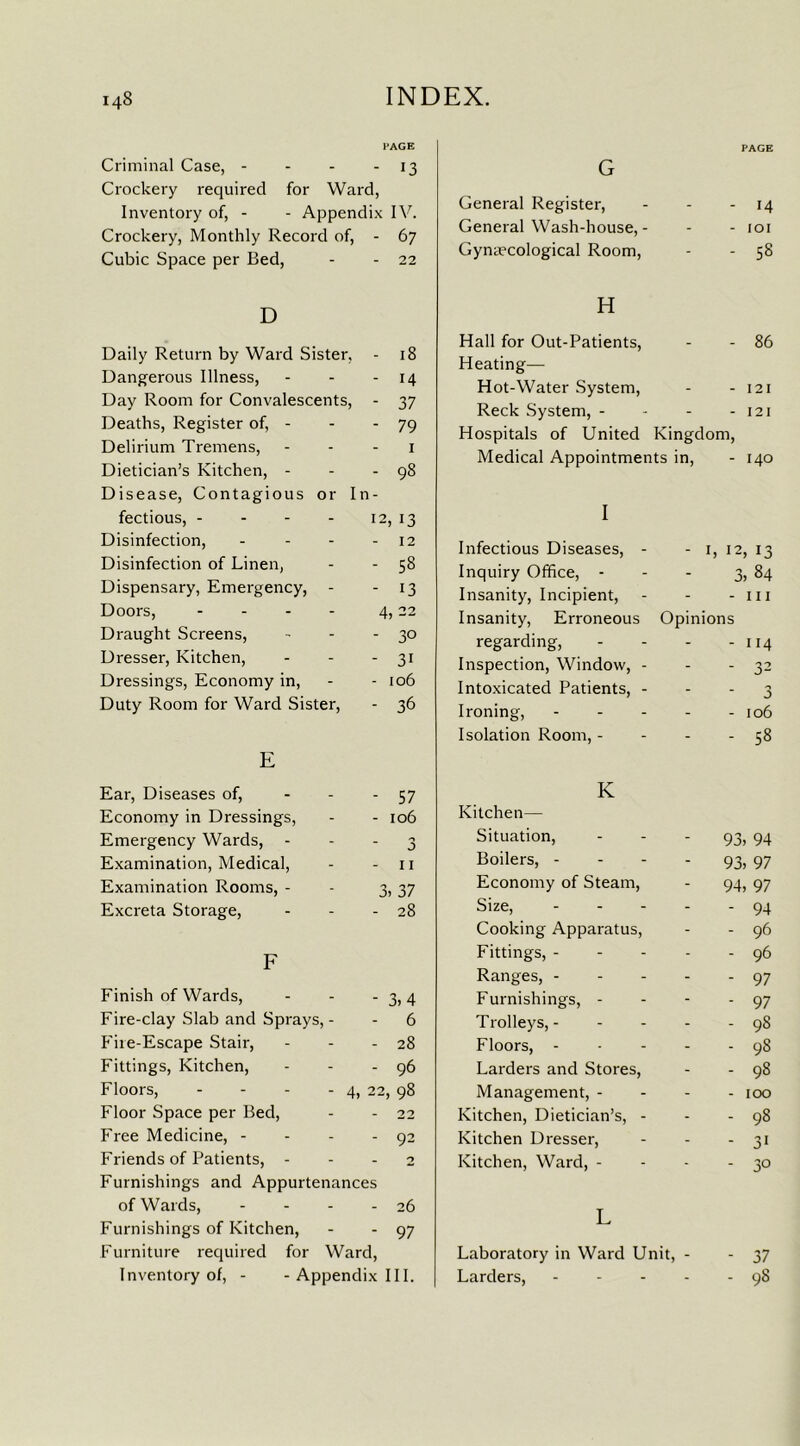 PAGE Criminal Case, - - - - 13 Crockery required for Ward, Inventory of, - - Appendix IV. Crockery, Monthly Record of, - 67 Cubic Space per Bed, - - 22 D Daily Return by Ward Sister, - 18 Dangerous Illness, - - - 14 Day Room for Convalescents, - 37 Deaths, Register of, - - - 79 Delirium Tremens, 1 Dietician’s Kitchen, - - - 98 Disease, Contagious or In- fectious, - - - - 12, 13 Disinfection, - - - 12 Disinfection of Linen, - - 58 Dispensary, Emergency, - - 13 Doors, - - - - 4,22 Draught Screens, - - - 30 Dresser, Kitchen, - - - 31 Dressings, Economy in, - - 106 Duty Room for Ward Sister, - 36 E Ear, Diseases of, ... 57 Economy in Dressings, - - 106 Emergency Wards, 3 Examination, Medical, - - 11 Examination Rooms, - - 3,37 Excreta Storage, - - - 28 F Finish of Wards, - - - 3,4 Fire-clay Slab and Sprays, - - 6 Fire-Escape Stair, - - - 28 Fittings, Kitchen, - - - 96 Floors, - - - - 4, 22, 98 Floor Space per Bed, - - 22 Free Medicine, - - - - 92 Friends of Patients, - - - 2 Furnishings and Appurtenances of Wards, - - - - 26 Furnishings of Kitchen, - - 97 Furniture required for Ward, Inventory of, - - Appendix III. PAGE G General Register, - - 14 General Wash-house,- - - 101 Gynaecological Room, - - 58 H Hall for Out-Patients, Heating— - - 86 Hot-Water System, ■ - - 121 Reck System, - - - 121 Hospitals of United Kingdoi m, Medical Appointments in, - 140 I Infectious Diseases, - - 1, 12, 13 Inquiry Office, - - 3, 84 Insanity, Incipient, - - hi Insanity, Erroneous Opinions regarding, - - 114 Inspection, Window, - - - 32 Intoxicated Patients, - J Ironing, - - - - - 106 Isolation Room, - - - 58 K Kitchen— Situation, - 93, 94 Boilers, - - 93, 97 Economy of Steam, - 94, 97 Size, - - - 94 Cooking Apparatus, - - 96 Fittings, - - - 96 Ranges, - - - 97 Furnishings, - - - 97 Trolleys,- - - 98 Floors, - - - 98 Larders and Stores, - - 98 Management, - - - 100 Kitchen, Dietician’s, - - - 98 Kitchen Dresser, - - 3i Kitchen, Ward, - - - 3° L Laboratory in Ward Unit, - - 37 Larders, - - 98