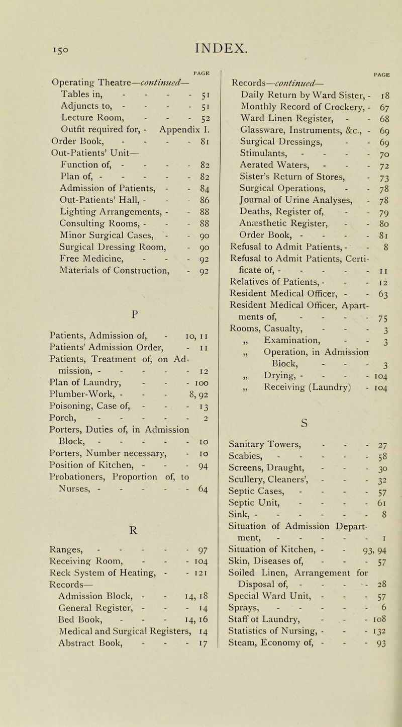 i5° Operating Theatre—continued— Tables in, - - - - 51 Adjuncts to, - - - - 51 Lecture Room, - - - 52 Outfit required for, - Appendix I. Order Book, - - - - 81 Out-Patients’ Unit— Function of, - - - - 82 Plan of, - - - - - 82 Admission of Patients, - - 84 Out-Patients’ Hall, - - - 86 Lighting Arrangements, - - 88 Consulting Rooms, - - - 88 Minor Surgical Cases, - - 90 Surgical Dressing Room, - 90 Free Medicine, - - - 92 Materials of Construction, - 92 p Patients, Admission of, 10, 11 Patients’ Admission Order, - 11 Patients, Treatment of, on Ad- mission, - 12 Plan of Laundry, - 100 Plumber-Work, - 8, 92 Poisoning, Case of, - 13 Porch, - _ 2 Porters, Duties of, in Admission Block, - - 10 Porters, Number necessary, 10 Position of Kitchen, - - 94 Probationers, Proportion of, to Nurses, - - 64 R Ranges, - - - - - 97 Receiving Room, - 104 Reck System of Heating, - - 121 Records— Admission Block, - 14, 18 General Register, - - 14 Bed Book, 14, 16 Medical and Surgical Registers, 14 Abstract Book, - 17 PAGE Records —continued— Daily Return by Ward Sister, - 18 Monthly Record of Crockery, - 67 Ward Linen Register, - - 68 Glassware, Instruments, &c., - 69 Surgical Dressings, - - 69 Stimulants, - - - - 70 Aerated Waters, - - - 72 Sister’s Return of Stores, - 73 Surgical Operations, - - 78 Journal of Urine Analyses, - 78 Deaths, Register of, - - 79 Anaesthetic Register, - - 80 Order Book, - - - - 81 Refusal to Admit Patients, - - 8 Refusal to Admit Patients, Certi- ficate of, - - - - - 11 Relatives of Patients, - - - 12 Resident Medical Officer, - - 63 Resident Medical Officer, Apart- ments of, - - - - 75 Rooms, Casualty, 3 „ Examination, 3 „ Operation, in Admission Block, - -- 0 3 „ Drying, - - - 104 „ Receiving (Laundry) - 104 s Sanitary Towers, . . 27 Scabies, ... - - 58 Screens, Draught, - - 3° Scullery, Cleaners’, - - 32 Septic Cases, - - 57 Septic Unit, - - 61 Sink, - - - - - 8 Situation of Admission Depart- ment, - - 1 Situation of Kitchen, - - 93, 94 Skin, Diseases of, - - 57 Soiled Linen, Arrangement for Disposal of, - 28 Special Ward Unit, - - - 57 Sprays, - - 6 Staff ol Laundry, - 108 Statistics of Nursing, - - - 132 Steam, Economy of, - - - 93