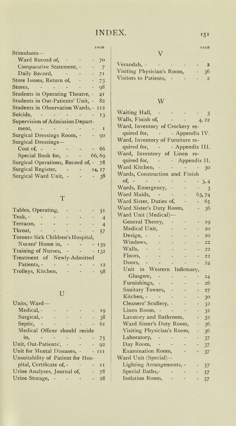 PAGE Stimulants— Ward Record of, - - 70 Comparative Statement, - - 7 Daily Record, - - - 71 Store Issues, Return of, - - 73 Stores, - - - - - 98 Students in Operating Theatre, - 41 Students in Out-Patients’ Unit, - 82 Students in Observation Wards, - 112 Suicide, 13 Supervision of Admission Depart- ment, ----- 1 Surgical Dressings Room, - - 90 Surgical Dressings— Cost of, - - - - - 66 Special Book for, - - 66, 69 Surgical Operations, Record of, - 78 Surgical Register, - - 14, 17 Surgical Ward Unit, - - - 38 T Tables, Operating, - - - 51 Teak, ------ 4 Terrazzo, ----- 4 Throat, - - - - - 57 Toronto Sick Children’s Hospital, Nurses’ Home in, - - - 139 Training of Nurses, - - - 132 Treatment of Newly-Admitted Patients, 12 Trolleys, Kitchen, - - - 98 u Units, Ward— Medical, ----- 19 Surgical, - - - - -38 Septic, 61 Medical Officer should reside >n, 75 Unit, Out-Patients’, - - - 92 Unit for Mental Diseases, - - in Unsuitability of Patient for Hos- pital, Certificate of, - - - 11 Urine Analyses, Journal of, - 78 Urine Storage, - - - - 28 IS1 PAGE V Verandah, ----- 2 Visiting Physician’s Room, - 36 Visitors to Patients, - - - 2 W Waiting Hall, - - - - 3 Walls, Finish of, - - 4,22 Ward, Inventory of Crockery re- quired for, - - Appendix IV. Ward, Inventory of Furniture re- quired for, - - Appendix III. Ward, Inventory of Linen re- quired for, - - Appendix II. Ward Kitchen, - - - - 30 Wards, Construction and Finish of, - - - - - -3,4 Wards, Emergency, 3 Ward Maids, 63, 74 Ward Sister, Duties of, - - 65 Ward Sister’s Duty Room, - 36 Ward Unit (Medical)— General Theory, - - -19 Medical Unit, - - - 20 Design, - - - - - 20 Windows, - - - - 22 Walls, - - - - - 22 Floors, - - - - - 22 Doors, - - - - - 24 Unit in Western Infirmary, Glasgow, - - - - 24 Furnishings, - - - - 26 Sanitary Towers, - - - 27 Kitchen, - - - - - 30 Cleaners’ Scullery, - Linen Room, - Lavatory and Bathroom, Ward Sister’s Duty Room, - 36 Visiting Physician’s Room, - 36 Laboratory, - - - - 37 Day Room, - - - - 37 Examination Room, - - 37 Ward Unit (Special)— Lighting Arrangements, - - 57 Special Baths,- - - - 57 Isolation Room, - - - 57