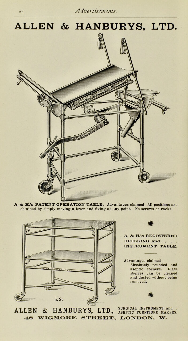 ALLEN & HANBURYS, LTD. A. & H.’s PATENT OPERATION TABLE. Advantages claimed—All positions are obtained by simply moving a lever and fixing at any point. No screws or racks. 48 WIGMORE STREET, LONDON, W.