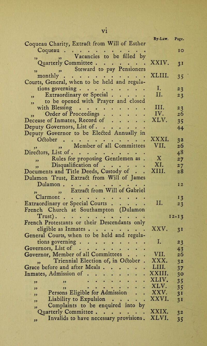 Coqueau Charity, Extradt from Will of Esther Coqueau „ „ Vacancies to be filled by Quarterly Committee „ „ Steward to pay Pensioners monthly Courts, General, when to be held and regula- tions governing „ Extraordinary or Special ,, to be opened with Prayer and closed with Blessing ,, Order of Proceedings Decease of Inmates, Record of Deputy Governors, List of. . Deputy Governor to be Elected Annually in Odtober ,, Member of all Committees Directors, List.of „ Rules for proposing Gentlemen as . ,, Disqualification of Documents and Title Deeds, Custody of . . Dulamon Trust, Extract from Will of James Dulamon „ ,, Extract from Will of Gabriel Clarmont Extraordinary or Special Courts French Church at Southampton (Dulamon Trust) French Protestants or their Descendants only eligible as Inmates General Courts, when to be held and regula- tions governing Governors, List of Governor, Member of all Committees . . . „ Triennial Election of, in Odtober . Grace before and after Meals Inmates, Admission of 3) 33 , Persons Eligible for Admission . . , Liability to Expulsion , Complaints to be enquired into by Quarterly Committee , Invalids to have necessary provisions. By-Layr. Page. IO XXIV. 31 XLIII. 35 I. 23 II. 23 III. 23 IV. 26 XLV. 35 44 XXXI. 32 VII. 26 48 X 27 XI. 27 XIII. 28 12 13 II. 23 12 -13 XXV. 3i I. 23 43 VII. 26 XXX. 32 LIII. 37 XXIII. 30 XLIV. 35 XLV. 35 XXV. 31 XXVI. 3i XXIX. 32 XL VI. 35