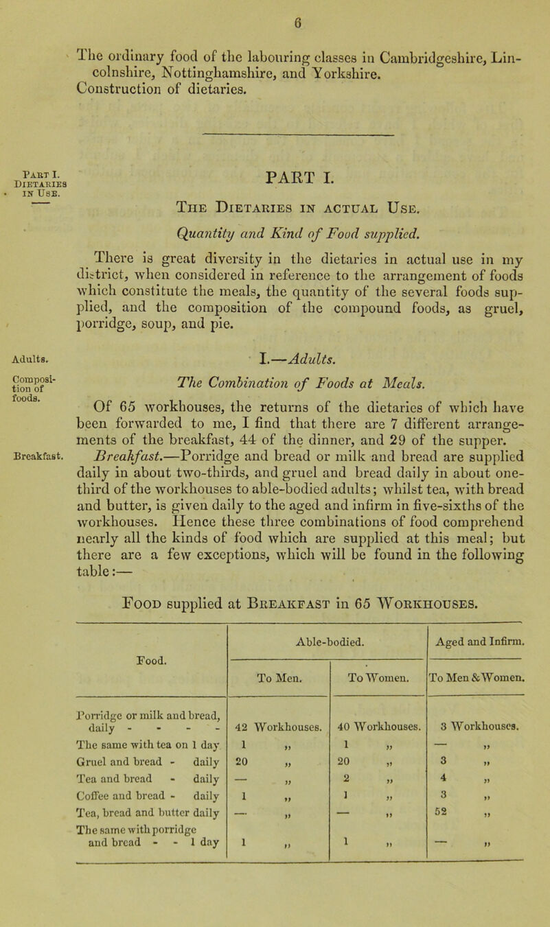 Part I. Dietaries • in Use. Adults. Composi- tion of foods. Breakfast. I lie ordinary food of the labouring classes in Cambridgeshire, Lin- colnshire, Nottinghamshire, and Yorkshire. Construction of dietaries. PART I. The Dietaries in actual Use. Quantity and Kind of Food supplied. There is great diversity in the dietaries in actual use in my district, when considered in reference to the arrangement of foods which constitute the meals, the quantity of the several foods sup- plied, and the composition of the compound foods, as gruel, porridge, soup, and pie. I.—Adults. The Combination of Foods at Meals. Of 65 workhouses, the returns of the dietaries of which have been forwarded to me, I find that there are 7 different arrange- ments of the breakfast, 44 of the dinner, and 29 of the supper. Breakfast.—Porridge and bread or milk and bread are supplied daily in about two-thirds, and gruel and bread daily in about one- third of the workhouses to able-bodied adults; whilst tea, with bread and butter, is given daily to the aged and infirm in five-sixths of the workhouses. Hence these three combinations of food comprehend nearly all the kinds of food which are supplied at this meal; but there are a few exceptions, which will be found in the following table:— Food supplied at Breakfast in 65 Workhouses. Food. Able-bodied. Aged and Infirm. To Men. To Women. To Men & Women. Porridge or milk and bread, daily - 42 Workhouses. 40 Workhouses. 3 Workhouses. The same with tea on 1 day 1 M 1 ft — tf Gruel and bread - daily 20 tf 20 ft 3 tf Tea and bread - daily — it 2 tf 4 ft Coffee and bread - daily I ft ] tf 3 tf Tea, bread and butter daily — tf — ft 52 tf The same with porridge and bread - 1 day I ft 1 ft — tf