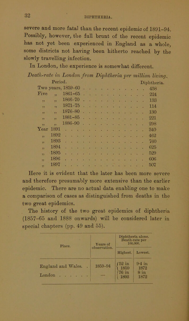 DIPHTHERIA. severe and more fatal than the recent epidemic of 1891-94. Possibly, however, the full brunt of the recent epidemic has not yet been experienced in England as a whole, some districts not having been hitherto reached by the slowly travelling infection. In London, the experience is somewhat different. Death-rate in London from Diphtheria per million living. Period. Two years, 1859-60 Five 1861-65 V 1866-70 , 5? 1871-75 J? >? 1876-80 . J? V 1881-85 , 1) J? 1886-90 . Year 1891 • • * Diphtheria. . 458 . 224 . 138 . 114 . 130 . 221 . 298 . 340 >) » ?) V 1892 1893 1894 1895 1896 1897 462 760 625 529 606 507 Here it is evident that the later has been more severe and therefore presumably more extensive than the earlier epidemic. There are no actual data enabling one to make a comparison of cases as distinguished from deaths in the two great epidemics. The history of the two great epidemics of diphtheria (1857-65 and 1888 onwards) will be considered later in special chapters (pp. 49 and 55). Place. Years of observation. Diphtheria alone. Death-rate per 100,000. Highest. Lowest. England and Wales. . 1859-94 /52 in \ 1859 9-4 in 1872 London — (76 in t 1893 8 in 1872