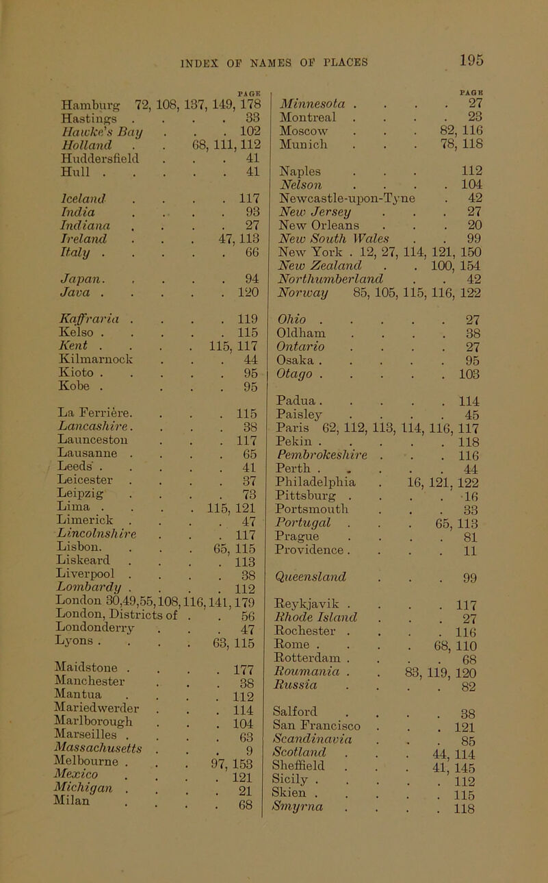 PA GK Hamburg 72, 108, 137, 149, 178 Hastings .... 33 Hawke's Bay Holland Huddersfield Hull . Iceland India Indiana Ireland Italy . Japan. Java . Kaffraria . Kelso . Kent . Kilmarnock Kioto . Kobe . La Ferriere Lancashire Launceston Lausanne Leeds' . Leicester Leipzig Lima . Limerick Lincolnshit Lisbon. Liskeard Liverpool Lombardy London 30,49,55,108, London, Districts of Londonderry Lyons. Maidstone . Manchester Mantua Mariedwerder Marlborough Marseilles . Massachusetts Melbourne . Mexico Michigan . Milan 116, 102 68, 111, 112 41 41 117 93 27 7,113 66 94 120 119 115 115. 117 44 95 95 115 38 117 65 41 37 73 115, 121 47 117 65, 115 113 38 112 141,179 56 47 63, 115 . 177 . 38 . 112 . 114 . 104 . 63 9 97, 153 . 121 . 21 . 68 PAG K Minnesota .... 27 Montreal .... 23 Moscow . . . 82, 116 Munich . . . 78, 118 Naples ... 112 Nelson .... 104 Newcastle-upon-Tyne . 42 New Jersey ... 27 New Orleans ... 20 New South Wales . . 99 New York . 12, 27, 114, 121, 150 New Zealand . . 100, 154 Northumberland . . 42 Norway 85, 105, 115, 116, 122 Ohio 27 Oldham .... 38 Ontario .... 27 Osaka ..... 95 Otago 103 Padua. Paisley Paris 62, 112, Pekin . Pembrokeshire Perth . Philadelphia Pittsburg . Portsmouth Portugal Prague Providence . Queensland Reykjavik . Rhode Island Rochester Rome . Rotterdam Roumania Russia Salford San Francisco Scandinavia Scotland Sheffield Sicily . Skien . Smyrna 113 3, 114, 6, 114 45 116,117 118 116 44 121. 122 16 65, 113 81 11 99 117 27 116 68, 110 68 83, 119, 120 82 38 121 85 44, 114 41, 145 . 112 . 115 . 118