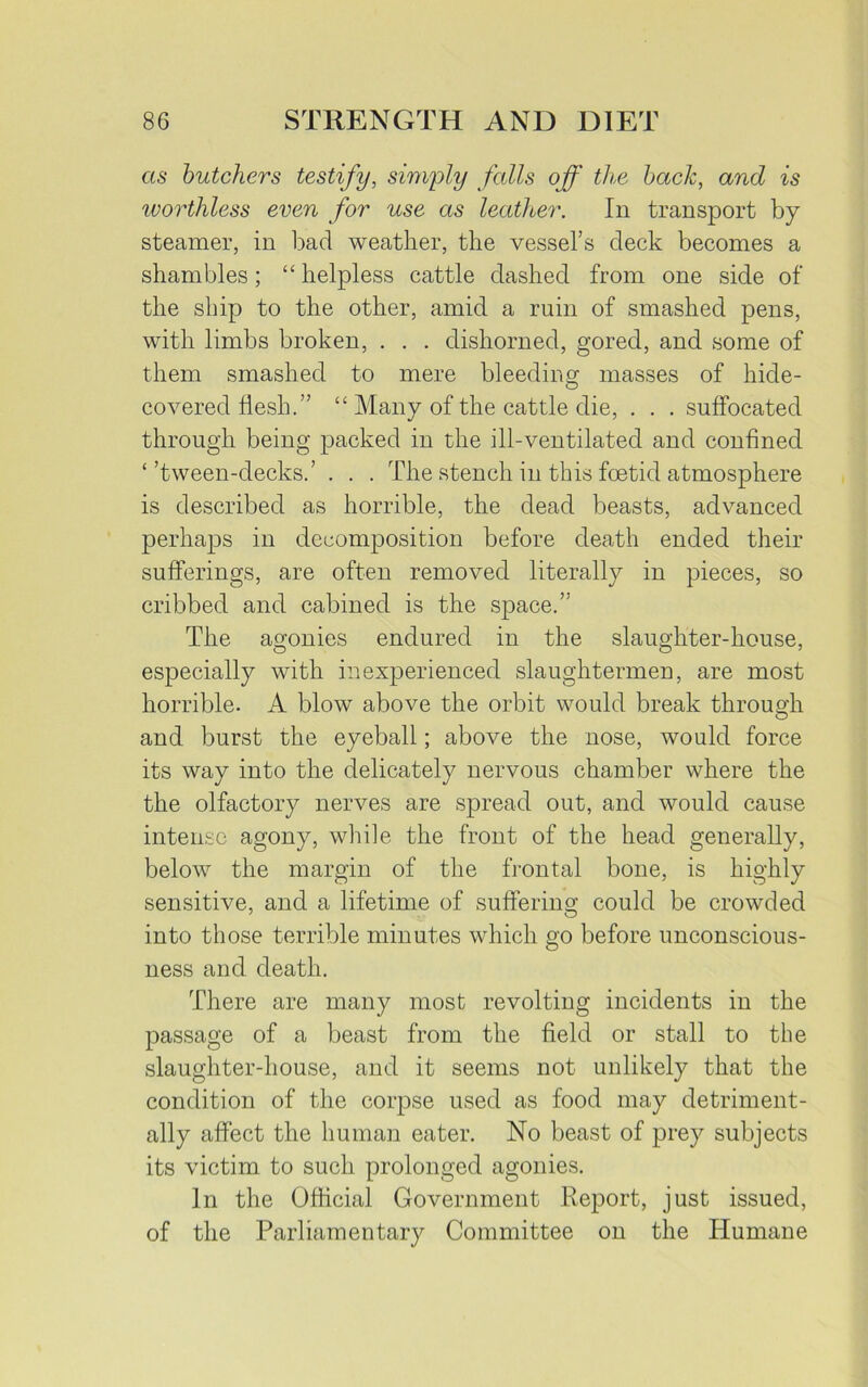 as butchers testify, simply falls off the back, and is worthless even for use as leather. In transport by steamer, in bad weather, the vessel’s deck becomes a shambles; “helpless cattle dashed from one side of the ship to the other, amid a ruin of smashed pens, with limbs broken, . . . dishorned, gored, and some of them smashed to mere bleeding masses of hide- covered flesh.” “ Many of the cattle die, . . . suffocated through being packed in the ill-ventilated and confined ‘’tween-decks.’ . . . The stench in this foetid atmosphere is described as horrible, the dead beasts, advanced perhaps in decomposition before death ended their sufferings, are often removed literally in pieces, so cribbed and cabined is the space.” The agonies endured in the slaughter-house, especially with inexperienced slaughtermen, are most horrible. A blow above the orbit would break through and. burst the eyeball; above the nose, would force its way into the delicately nervous chamber where the the olfactory nerves are spread out, and would cause intense agony, while the front of the head generally, below the margin of the frontal bone, is highly sensitive, and a lifetime of suffering could be crowded into those terrible minutes which go before unconscious- ness and death. There are many most revolting incidents in the passage of a beast from the field or stall to the slaughter-house, and it seems not unlikely that the condition of the corpse used as food may detriment- ally affect the human eater. No beast of prey subjects its victim to such prolonged agonies. In the Official Government Report, just issued, of the Parliamentary Committee on the Humane