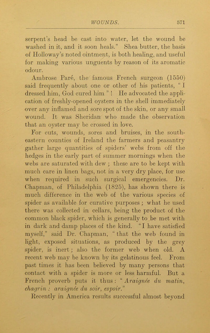 serpent’s head be cast into water, let the wound be washed in it, and it soon heals.” Shea butter, the basis of Holloway’s noted ointment, is both healing, and useful for making various unguents by reason of its aromatic odour. Ambrose Pare, the famous French surgeon (1550) said frequently about one or other of his patients, “ I dressed him, God cured him ” ! He advocated the appli- cation of freshly-opened oysters in the shell immediately over any inflamed and sore spot of the skin, or any small wound. It was Sheridan who made the observation that an oj^ster may be crossed in love. For cuts, wounds, sores and bruises, in the south- eastern counties of Ireland the farmers and peasantry gather large quantities of spiders’ webs from off the hedges in the early part of summer mornings when the webs are saturated with dew ; these are to be kept with much care in linen bags, not in a very dry place, for use when required in such surgical emergencies. Dr. Chapman, of Philadelphia (1825), has shown there is much difference in the web of the various species of spider as available for curative purposes ; what he used there was collected in cellars, being the product of the common black spider, which is generally to be met with in dark and damp places of the kind. “ I have satisfied myself,” said Dr. Chapman, “ that the web found in light, exposed situations, as produced by the grey spider, is inert; also the former web when old. A recent web may be known by its gelatinous feel. From past times it has been believed by many persons that contact with a spider is more or less harmful. But a French proverb puts it thus : “ Araignde du matin, chagrin : araignde du soir, espoir.” Recently in America results successful almost beyond