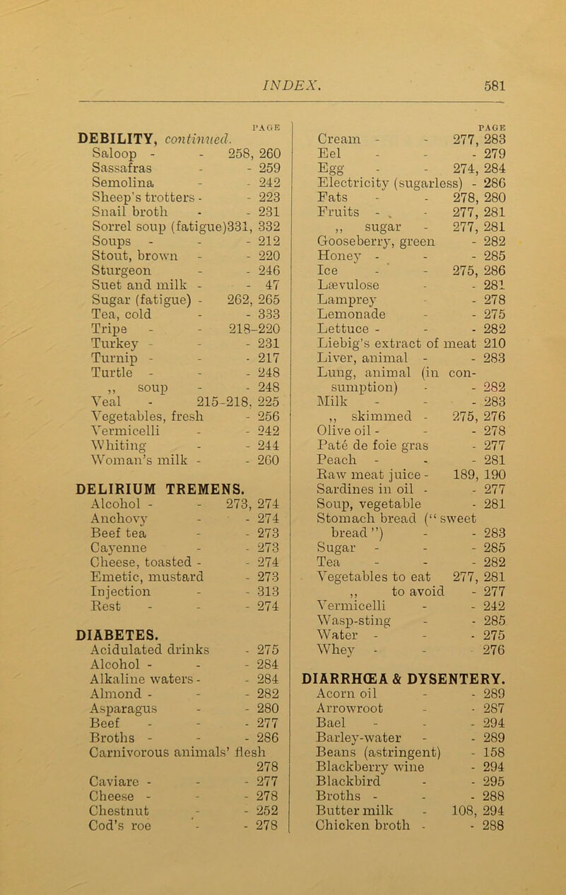 I’AG E DEBILITY, continued. Saloop - 258, 260 Sassafras - 259 Semolina - 242 Sheep’s trotters - - 223 Snail broth - 231 Sorrel soup (fatigue)331, 332 Soups - 212 Stout, brown - 220 Sturgeon - 246 Suet and milk - - 47 Sugar (fatigue) - 262, 265 Tea, cold - 333 Tripe 218-220 Turkey - 231 Turnip - - 217 Turtle - - 248 ,, soup - 248 Veal - 215- -218. 225 Vegetables, fresh - 256 Vermicelli - 242 Whiting - 244 Woman’s milk - - 260 DELIRIUM TREMENS. Alcohol - 273, 274 Anchovy - 274 Beef tea - 273 Cayenne - 273 Cheese, toasted - - 274 Emetic, mustard - 273 Injection - 313 Rest - 274 DIABETES. Acidulated drinks - 275 Alcohol - - 284 Alkaline waters - - 284 Almond - - 282 Asparagus - 280 Beef - 277 Broths - - 286 Carnivorous animals’ flesh 278 Caviare - - 277 Cheese - - 278 Chestnut - 252 Cod’s roe - 278 PAGE Cream - 277, 283 Eel - 279 Egg 274, 284 Electricity (sugarless) - 286 Fats 278, 280 Fruits - „ 277, 281 ,, sugar 277, 281 Gooseberry, green - 282 Honey - - 285 Ice 275, 286 Lsevulose - 281 Lamprey - 278 Lemonade - 275 Lettuce - - 282 Liebig’s extract of meat 210 Liver, animal - - 283 Lung, animal (in con- sumption) - 282 Milk - 283 ,, skimmed - 275, 276 Olive oil - - 278 Pate de foie gras - 277 Peach - 281 Raw meat juice - 189, 190 Sardines in oil - - 277 Soup, vegetable - 281 Stomach bread (“ sweet bread”) - 283 Sugar - 285 Tea - 282 Vegetables to eat 277, 281 ,, to avoid - 277 Vermicelli - 242 Wasp-sting - 285 Water - - 275 Whey 276 DIARRHOEA & DYSENTERY. Acorn oil - 289 Arrowroot • 287 Bael - 294 Barley-water - 289 Beans (astringent) - 158 Blackberry wine - 294 Blackbird - 295 Broths - - 288 Butter milk 108, 294 Chicken broth - - 288