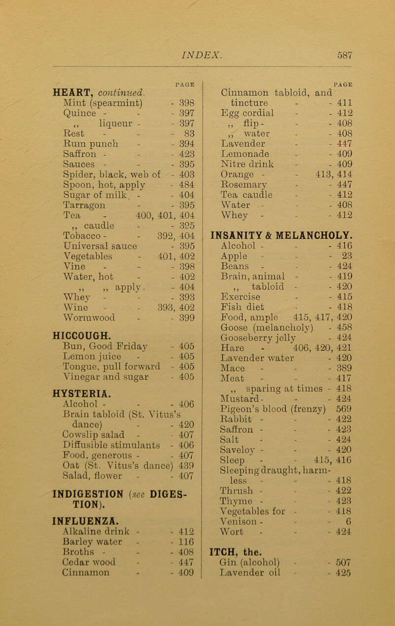 PAGE HEART, continued. Mint (spearmint) - 398 Quince - - - 397 ,, liqueur - - 397 Rest - - - 83 Rum punch - - 394 Saffron - - - 423 Sauces - - - 395 Spider, black, web of - 403 Spoon, hot, apply - 484 Sugar of milk, - - 404 Tarragon - - 395 Tea - 400, 401, 404 ,, caudle - - 395 Tobacco - - 392, 404 Universal sauce - 395 Vegetables - 401, 402 Vine - - - 398 Water, hot - - 402 » „ apply - 404 Whey - - - 393 Wine - - 393, 402 Wormwood - 399 HICCOUGH. Bun, Good Friday - 405 Lemon juice - 405 Tongue, pull forward - 405 Vinegar and sugar - 405 HYSTERIA. Alcohol - - 406 Brain tabloid (St. Vitus’s dance) - 420 Cowslip salad - 407 Diffusible stimulants - 406 Food, generous - - 407 Oat (St. Vitus’s dance) 439 Salad, flower - 407 INDIGESTION (see DIGES- TION). INFLUENZA. Alkaline drink - - 412 Barley water - 116 Broths - - 408 Cedar wood - 447 Cinnamon - 409 PAGE Cinnamon tabloid, and tincture - - 411 Egg cordial - - 412 ,, flip- - - 408 ,, water - - 408 Lavender - - 447 Lemonade - - 409 Nitre drink - - 409 Orange - - 413, 414 Rosemary - - 447 Tea caudle - - 412 Water - - - 408 Whey - - - 412 INSANITY & MELANCHOLY. Alcohol - - - 416 Apple - - - 23 Beans - - - 424 Brain, animal - - 419 ,, tabloid - - 420 Exercise - - 415 Pish diet - - 418 Pood, ample 415, 417, 420 Goose (melancholy) - 458 Gooseberry jelly - 424 Hare - 406, 420, 421 Lavender water - 420 Mace - - - 389 Meat - - - 417 ,, sparing at times - 418 Mustard- - - 424 Pigeon’s blood (frenzy) 569 Rabbit - - - 422 Saffron - - - 423 Salt - - - 424 Saveloy - - - 420 Sleep - - 415, 416 Sleeping draught, harm- less - - - 418 Thrush - - - 422 Thyme - - - 423 Vegetables for - - 418 Venison - - - 6 Wort - - - 424 ITCH, the. Gin (alcohol) - - 507 Lavender oil - 425