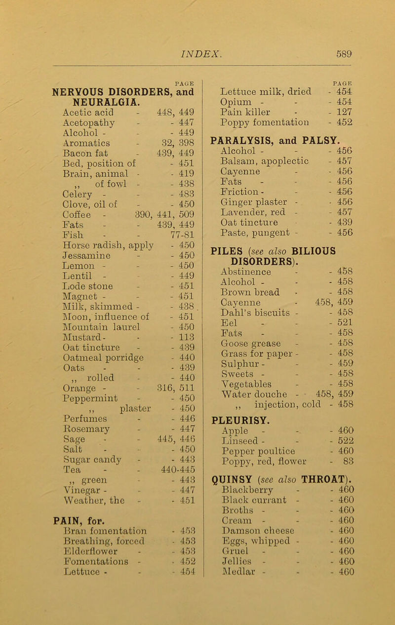 PAGE NERYOUS DISORDERS, and NEURALGIA. Acetic acid 44S, 449 Acetopathy - 447 Alcohol - - 449 Aromatics 32, 398 Bacon fat 439, 449 Bed, position of - 451 Brain, animal - - 419 ,, of fowl - - 438 Celery - - 483 Clove, oil of - 450 Coffee - 390, 441, 509 Fats 439, 449 Fish 77-81 Horse radish, apply - 450 Jessamine - 450 Lemon - - 450 Lentil - - 449 Lode stone - 451 Magnet - - 451 Milk, skimmed - - 438 Moon, influence of - 451 Mountain laurel - 450 Mustard - - 113 Oat tincture - 439 Oatmeal porridge - 440 Oats - 439 ,, rolled - 440 Orange - 316, 511 Peppermint - 450 ,, plaster - 450 Perfumes - 446 Rosemary - 447 Sage 445, 446 Salt - 450 Sugar candy - 443 Tea 440-445 „ green - 443 Vinegar - - 447 Weather, the - 451 AIN, for. Bran fomentation - 453 Breathing, forced - 453 Elderflower - 453 Fomentations - - 452 Lettuce - - 454 PAGE Lettuce milk, dried - 454 Opium - - 454 Pain killer - 127 Poppy fomentation - 452 PARALYSIS, and PALSY. Alcohol - - 456 Balsam, apoplectic - 457 Cayenne - 456 Fats - 456 Friction - - 456 Ginger plaster - - 456 Lavender, red - - 457 Oat tincture - 439 Paste, pungent - - 456 PILES (see also BILIOUS DISORDERS). Abstinence - 458 Alcohol - - 458 Brown bread - 458 Cayenne 458, 459 Dahl’s biscuits - - 458 Eel - 521 Fats - 458 Goose grease - 458 Grass for paper - - 458 Sulphur - - 459 Sweets - - 458 Vegetables - 458 Water douche - 458, 459 ,, injection, cold - 458 PLEURISY. Apple - 460 Linseed - - 522 Pepper poultice - 460 Poppy, red, flower - 83 QUINSY (see also THROAT). Blackberry - 460 Black currant - - 460 Broths - - 460 Cream - - 460 Damson cheese - 460 Eggs, whipped - - 460 Gruel - 460 Jellies - - 460 Medlar - - 460