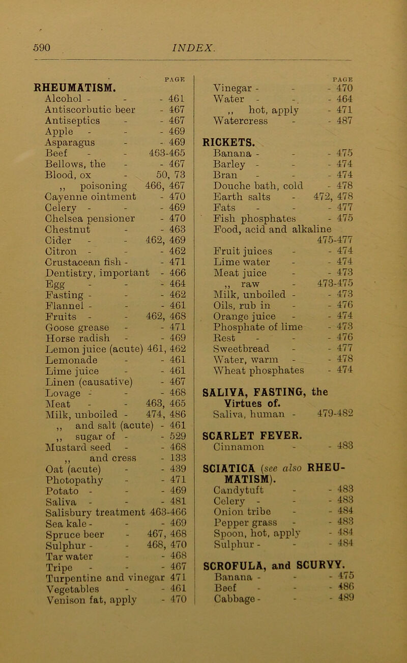 HEUMATISM. PAGE Alcohol - - 461 Antiscorbutic beer - 467 Antiseptics - 467 Apple - 469 Asparagus - 469 Beef 463-465 Bellows, the - 467 Blood, ox 50, 73 ,, poisoning 466, 467 Cayenne ointment - 470 Celery - - 469 Chelsea pensioner - 470 Chestnut - 463 Cider - 462, 469 Citron - - 462 Crustacean fish - - 471 Dentistry, important - 466 Egg - 464 Basting - - 462 Flannel - - 461 Fruits - 462, 468 Goose grease - 471 Horse radish - 469 Lemon juice (acute) 461, 462 Lemonade - 461 Lime juice - 461 Linen (causative) - 467 Lovage - - 468 Meat 463, 465 Milk, unboiled - 474, 486 ,, and salt (acute) - 461 ,, sugar of - - 529 Mustard seed - 468 ,, and cress - 133 Oat (acute) - 439 Photopathy - 471 Potato - - 469 Saliva - - 481 Salisbury treatment 463-466 Sea kale - - 469 Spruce beer 467, 468 Sulphur - 468, 470 Tar water - 468 Tripe - 467 Turpentine and vinegar 471 Vegetables - 461 Venison fat, apply - 470 Vinegar - PAGE - 470 Water - - 464 ,, hot, apply - 471 Watercress - 487 RICKETS. Banana - - 475 Barley - - 474 Bran - 474 Douche bath, cold - 478 Earth salts 472, 478 Fats - 477 Fish phosphates - 475 Food, acid and alkaline Fruit juices 475-477 - 474 Lime water - 474 Meat juice - 473 ,, raw 473-475 Milk, unboiled - - 473 Oils, rub in - 476 Orange juice - 474 Phosphate of lime - 473 Rest - 476 Sweetbread - 477 Water, warm - 478 Wheat phosphates - 474 SALIYA, FASTING, the Virtues of. Saliva, human - 479-482 SCARLET FEYER. Cinnamon - 483 SCIATICA (see also RHEU- MATISM). Candytuft - 483 Celery - - 483 Onion tribe - 484 Pepper grass - 483 Spoon, hot, apply - 484 Sulphur - - 484 SCROFULA, and SCURYY. Banana - 475 Beef - - - 480 Cabbage - - - 489