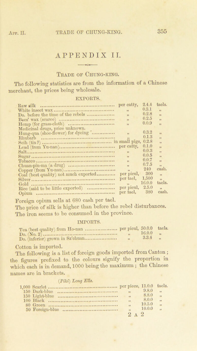 APPENDIX II. Trade of Chung-king. The following statistics are from the information of a Chinese merchant, the prices being wholesale. EXPORTS. Raw silk 2.4.4 0.3.1 taels. Do. before the time of the rebels 0.2.8 0.2.5 ♦» 0.0.9 Medicinal drugs, price unknown. 0.3.2 0.1.3 0.2.8 » Lead (from Yu-nan) ft nit 0.1.0 0.0.3 !» 0.0.5 0.0.7 0.7.5 Copper (from Yu-nan) Coal (best quality) not much exported Gold 240 300 1,500 16.0.0 cash. >» taels. Rice (said to be little exported) 2.5.0 380 »♦ cash. Foreign opium sells at 680 cash per tael. The price of silk is higher than before the rebel disturbances. The iron seems to bo consumed in the province. IMPORTS. Tea (best quality) from Ho-nan per picul, 50.0.0 taels. Do. (No. 2) » iG-O.O „ Do. (inferior) grown in Sz’chuan 3.3.4 „ Cotton is imported. The following is a list of foreign goods imported from Canton ; tho figures prefixed to the colours signify the proportion in which each is in demand, 1000 being the maximum ; the Chinese names are in brackets. (Pile!) Long Ells. 1,000 Scarlet 150 Dark-blue 150 Liglit-blue 100 Black 80 Green 50 Foreign-blue per piece, 11.0.0 9.8.0 8.8.0 8.0.0 10.5.0 10.0.0 2 A 2 taels. »»