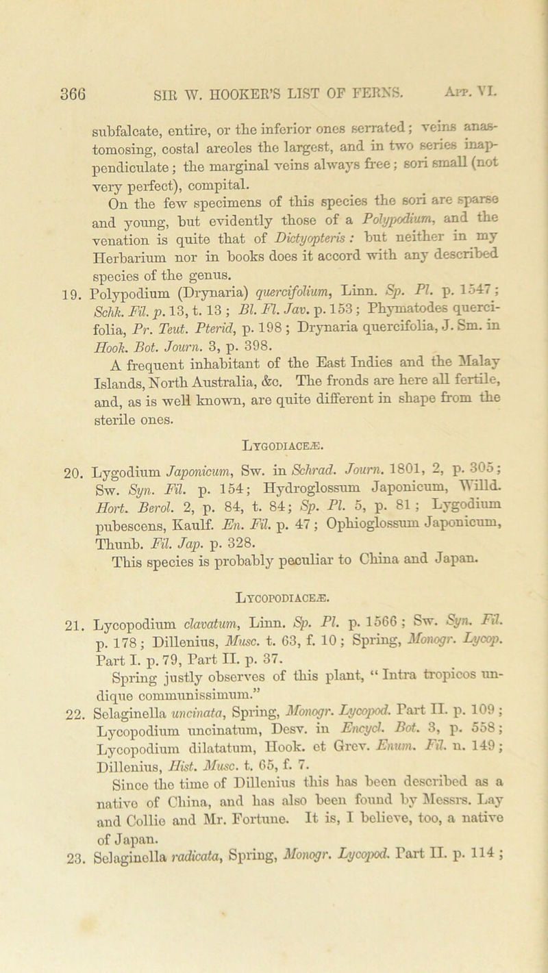 subfalcate, entire, or the inferior ones serrated; veins anas- tomosing, costal areoles the largest, and in two series inap- pendiculate; the marginal veins always free; sori small (not very perfect), compital. On the few specimens of this species the sori are sparse and yonng, hut evidently those of a Polypodiurn, and the venation is quite that of Dictyopteris : hut neither in my Herbarium nor in hooks does it accord with any described species of the genus. 19. Polypodium (Drynaria) qmrcifolium, Linn. Sp. PI. p. 1547; Schk Fil. p. 13,1.13 ; Bl. FI. Jav. p. 153 ; Phymatodes querci- folia, Pr. Taut. Pterid, p. 198 ; Drynaria quercifolia, J. Sm. in Hook. Pot. Journ. 3, p. 398. A frequent inhabitant of the East Indies and the Malay Islands, North Australia, &c. The fronds are here all fertile, and, as is well known, are quite different in shape from the sterile ones. LYG0DIACEA3. 20. Lygodium Japonicwm, Sw. in Schrad. Journ. 1801, 2, p. 305; Sw. Syn. Fil. p. 154; Hydroglossum Japonicum, IVilld. Hort. Berol. 2, p. 84, t. 84; Sp. PI. 5, p. 81; Lygodium pubescens, Kaulf. En. Fil. p. 47 ; Ophioglossum Japonicum, Thunb. Fil. Jap. p. 328. This species is probably peculiar to China and Japan. LYCOrODIACEiE. 21. Lycopodium clavatum, Linn. Sp. PI. p. 1566 ; Sw. Syn. Fil. p. 178; Dillenius, Muse. t. 63, f. 10; Spring, Monogr. Lycop. Part I. p. 79, Part II. p. 37. Spring justly observes of this plant, “ Intra tropicos un- dique communissimum.” 22. Selaginella uncinata, Spring, Monogr. Lycojgod. Part II. p. 109 ; Lycopodium uncinatum, Desv. in Encycl. Bot. 3, p. 558; Lycopodium dilatatum, Hook, et Grev. Enum. Fil. n. 149; Dillenius, Hist. Muse. t. 65, f. 7. Since the time of Dillenius this has been described as a native of China, and has also been found by Messrs. Lay and Collie and Mr. Fortune. It is, I believe, too, a native of Japan. 23. Selaginolla radicata, Spring, Monogr. Lycopod. Tart II. p. 114 ;
