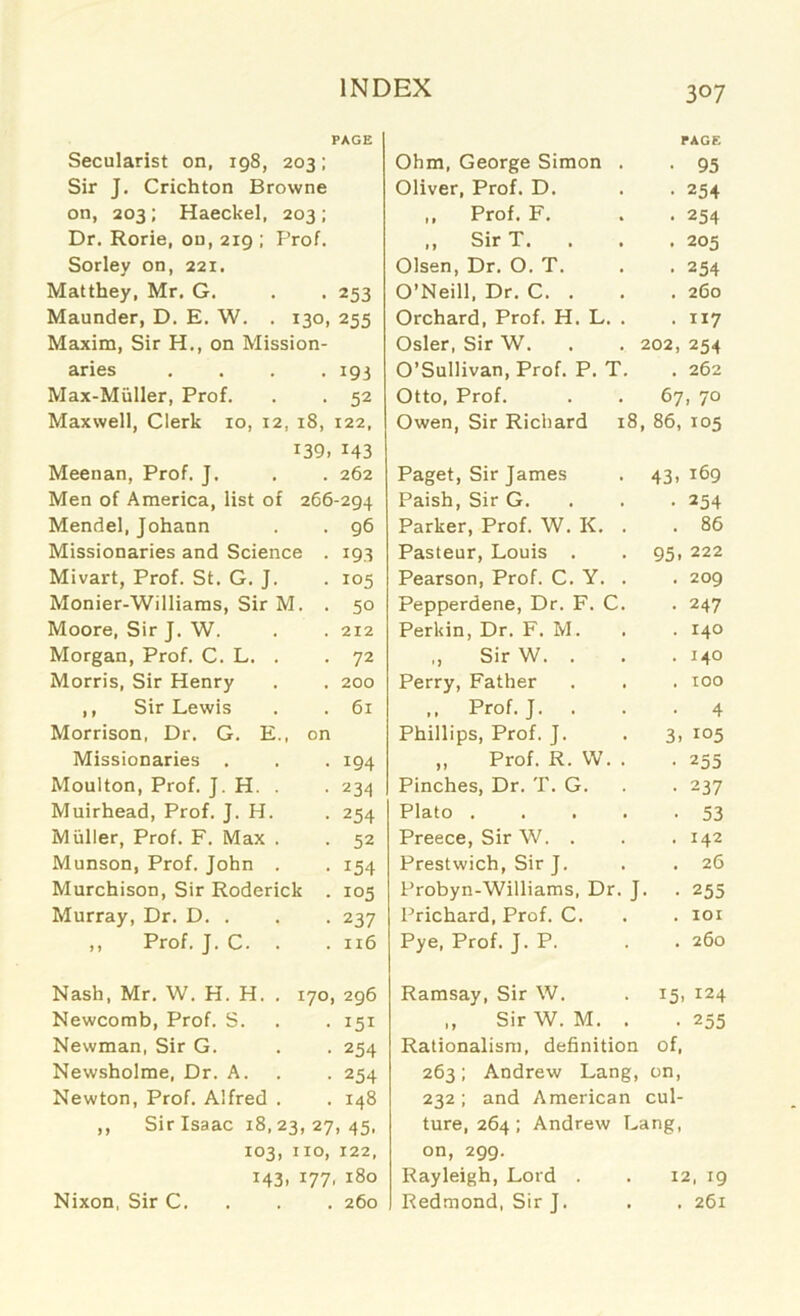 PAGE Secularist on, 198, 203; Sir J. Crichton Browne on, 203 ; Haeckel, 203 ; Dr. Rorie, on, 219 ; Prof. Sorley on, 221. Matthey, Mr. G. . . 253 Maunder, D. E. W. . 130, 255 Maxim, Sir H., on Mission- aries . . . .193 Max-Miiller, Prof. . . 52 Maxwell, Clerk 10, 12, 18, 122, 139, M3 Meenan, Prof. J. . . 262 Men of America, list of 266-294 Mendel, Johann . . 96 Missionaries and Science . 193 Mivart, Prof. St. G. J. . 105 Monier-Williams, Sir M. . 50 Moore, Sir J. W. . . 212 Morgan, Prof. C. L. . . 72 Morris, Sir Henry . , 200 ,, Sir Lewis . . 61 Morrison, Dr. G. E., on Missionaries . . . 194 Moulton, Prof. J. H. . . 234 Muirhead, Prof. J. H. . 254 Muller, Prof. F. Max . . 52 Munson, Prof. John . . 154 Murchison, Sir Roderick . 105 Murray, Dr. D. . . . 237 ,, Prof. J. C. . . 116 Nash, Mr. W. H. H. . 170, 296 Newcomb, Prof. S. . . 151 Newman, Sir G. . . 254 Newsholme, Dr. A. . 254 Newton, Prof. Alfred . . 148 ,, Sir Isaac 18,23, 27, 45, XO3, IIO, 122, 143, 177, 180 . 260 307 PAGE Ohm, George Simon . . 95 Oliver, Prof. D. . . 254 ,, Prof. F. . . 254 ,, Sir T. 205 Olsen, Dr. O. T. . . 254 O’Neill. Dr. C. . . . 260 Orchard, Prof. H. L. . . 117 Osier, Sir W. . . 202, 254 O’Sullivan, Prof. P. T. . 262 Otto, Prof. . . 67, 70 Owen, Sir Richard 18, 86, 105 Paget, Sir James . 43,169 Paish, Sir G. 254 Parker, Prof. W. K. . . 86 Pasteur, Louis . . 95, 222 Pearson, Prof. C. Y. . . 209 Pepperdene, Dr. F. C. . 247 Perkin, Dr. F. M. . . 140 „ Sir W. . . . 14° Perry, Father . . . 100 ,, Prof. J. ... 4 Phillips, Prof. J. . 3, 105 „ Prof. R. W. . . 255 Pinches, Dr. T. G. . . 237 Plato 53 Preece, Sir W. . . . 142 Prestwich, Sir J. . . 26 Probyn-Williams, Dr. J. . 255 Prichard, Prof. C. . . 101 Pye, Prof. J. P. . . 260 Ramsay, Sir W. . 15, 124 „ SirW. M. . .255 Rationalism, definition of, 263; Andrew Lang, on, 232; and American cul- ture, 264; Andrew Lang, on, 299. Rayleigh, Lord . . 12, 19 Redmond, Sir J. . . 261 Nixon, Sir C.