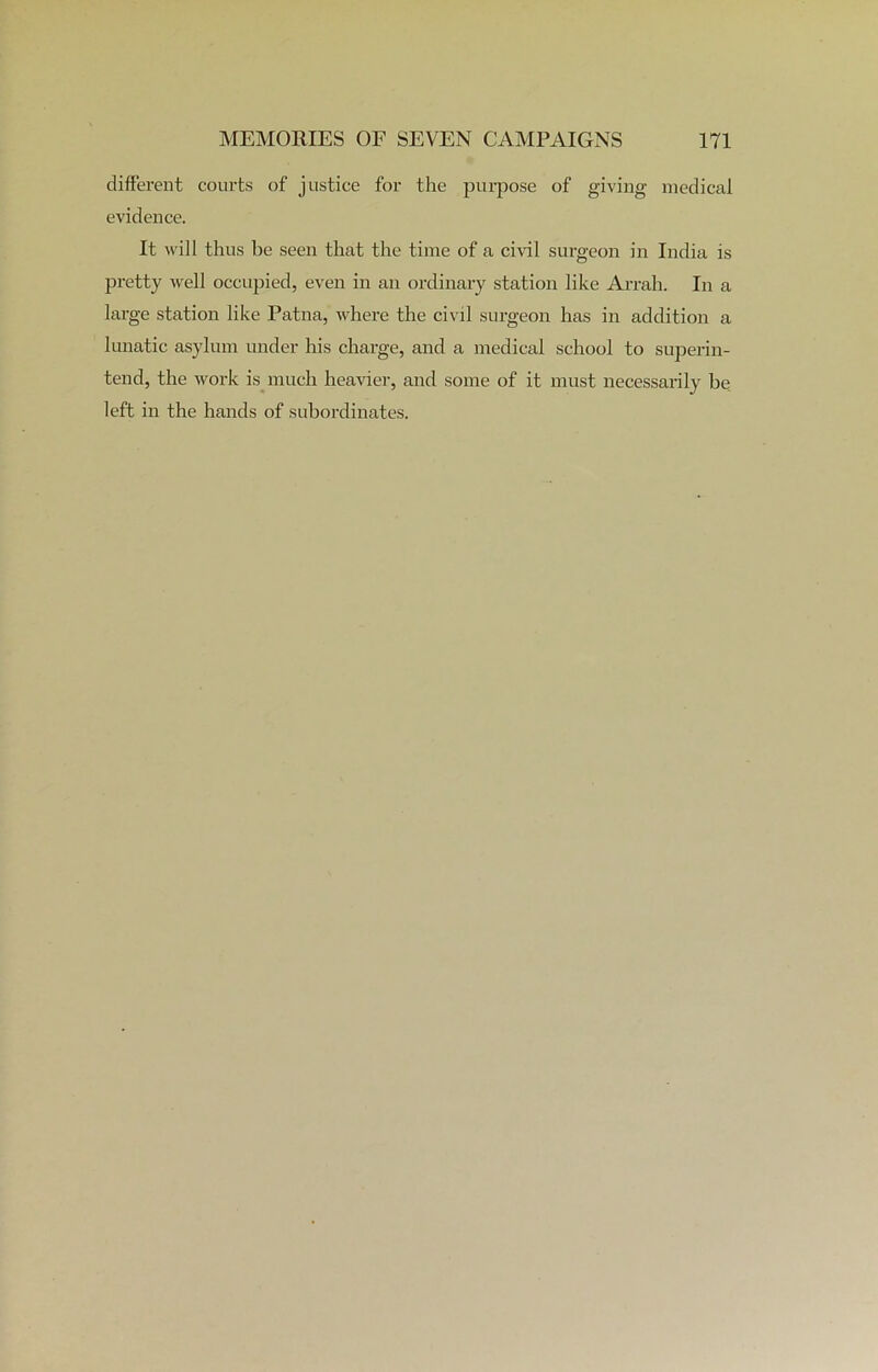 different courts of justice for the purpose of giving medical evidence. It will thus be seen that the time of a civil surgeon in India is pretty well occupied, even in an ordinary station like Arrah. In a large station like Patna, where the civil surgeon has in addition a lunatic asylum under his charge, and a medical school to superin- tend, the work is much heavier, and some of it must necessarily be left in the hands of subordinates.