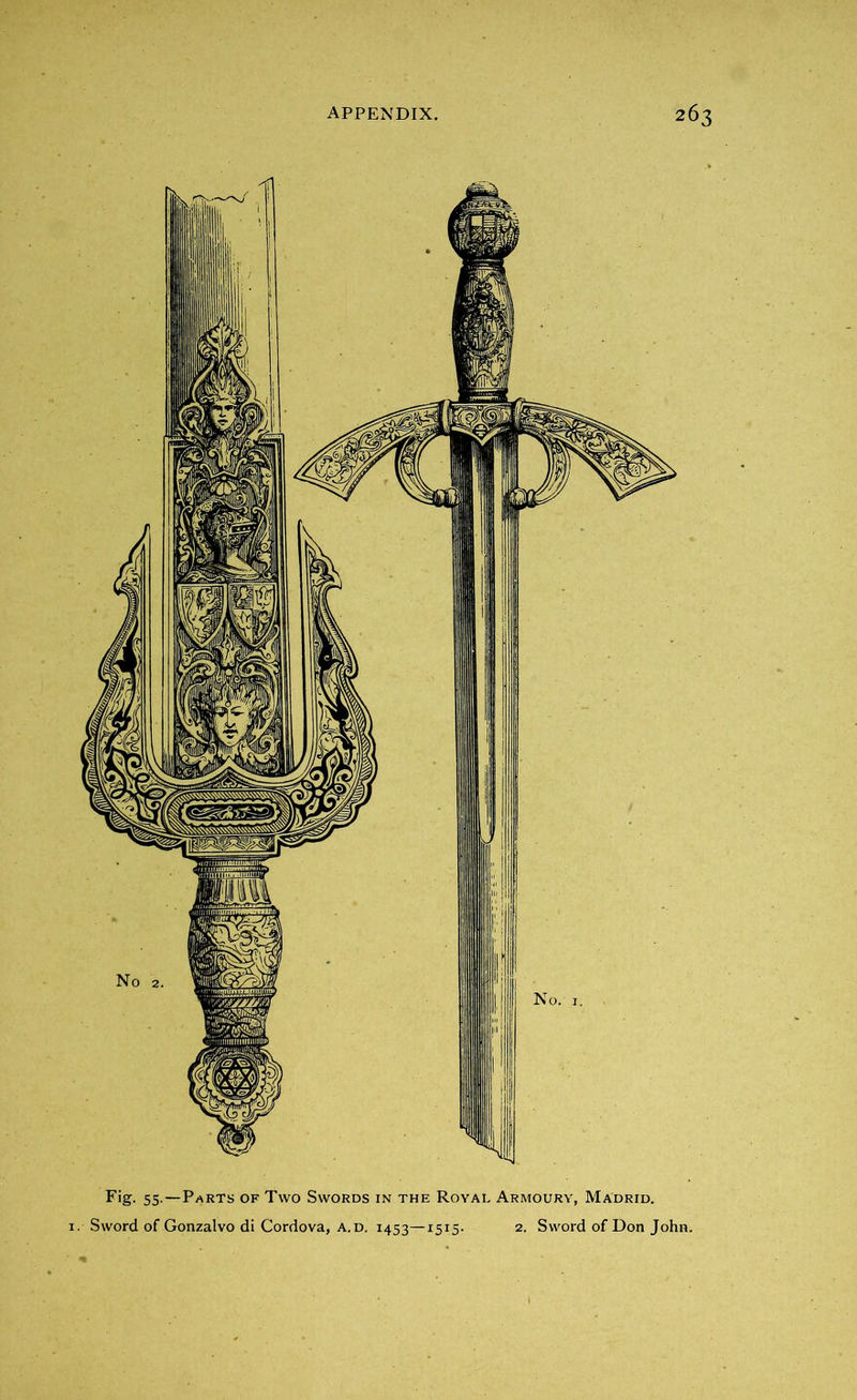Fig. 55.—Parts of Two Swords in the Royal Armoury, Madrid. 1. Sword of Gonzalvo di Cordova, a.d. 1453—1515. 2. Sword of Don John.