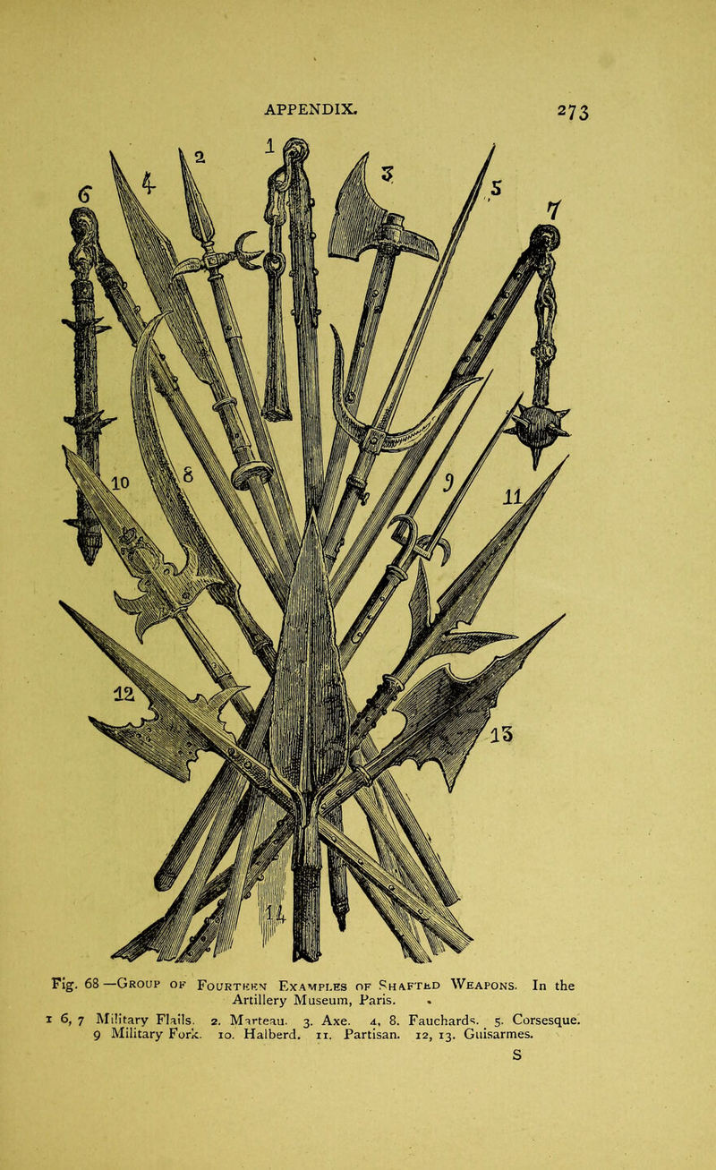 Fig. 68—Group of Fourteen Examples of Shafted Weapons. In the Artillery Museum, Paris. 1 6, 7 Military Flails. 2. Marteau. 3. Axe. 4, 8. Fauchards. _ 5. Corsesque. 9 Military Fork. 10. Halberd, n. Partisan. 12, 13. Guisarmes. S
