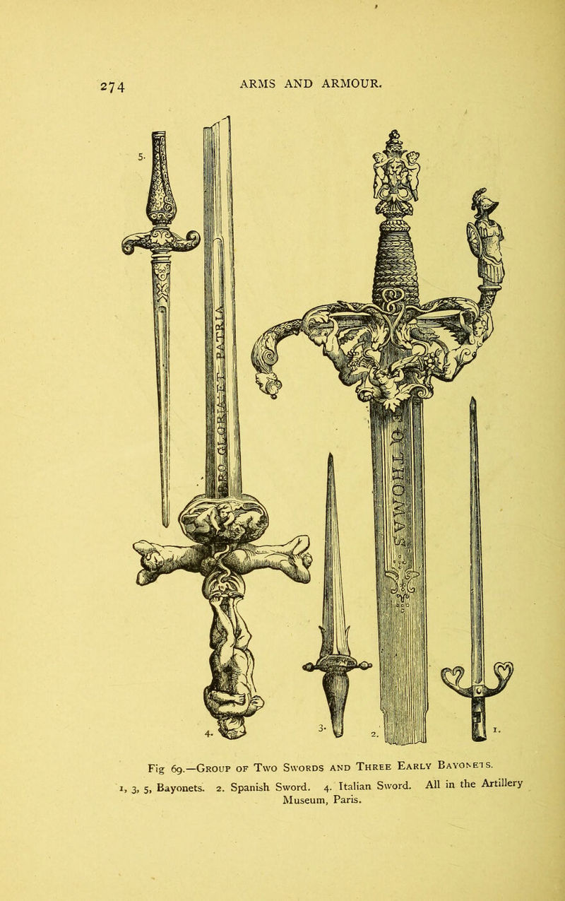 Fig 69.—Group of Two Swords and Three Early Bayonets. 5, Bayonets. 2. Spanish Sword. 4. Italian Sword. All in the Artillery Museum, Paris.