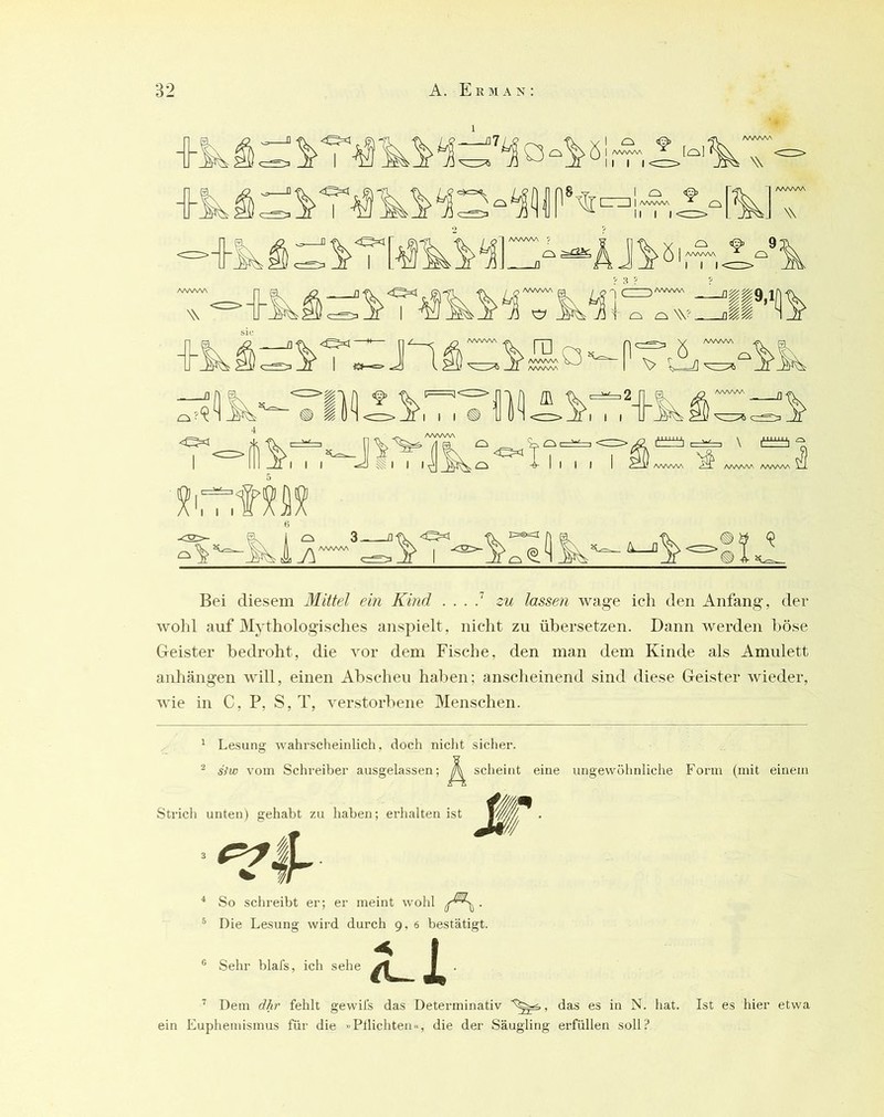 I I AAAAAA I I I I W Bei diesem Mittel ein Kind . . . J zu lassen wage ich den Anfang, der wohl auf Mythologisches anspielt, nicht zu übersetzen. Dann werden böse Geister bedroht, die vor dem Fische, den man dem Kinde als Amulett anhängen will, einen Abscheu haben; anscheinend sind diese Geister wieder, wie in C, P, S, T, verstorbene Menschen. * Lesung wahrscheinlich, doch nicht sicher. sivo vom Schreiber ausgelassen; jk scheint eine ungewöhnliche Form (mit einem Strich unten) gehabt zu haben; erhalten ist * So schreibt er; er meint wohl ® Die Lesung wii'd durch 9, 6 bestätigt. Sehr blals, ich sehe Ai ’’ Dem dhr fehlt gewils das Determinativ das es in N. hat. Ist es hier etwa ein Euphemismus für die »Ptlichten«, die der Säugling erfüllen soll?