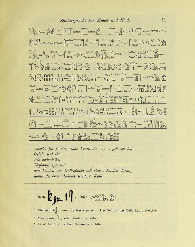nnn nnnn AAAAAA AAWSA Ö AAVvVv I I I /WWW AAAAAA I I I SJ—i'i—o \\ ii 1 d: n AA/WW O I -äcI AWW\ I I I y^rall ii ° llll^l I ocr>^ pllll^ i M I r-vr-1 AAAAA^ i sic 3 Allerlei für{?) eine roihe Fra% die geboren hat. Gelobt seid ihn Isis zwirnte (d), Nephthys spanni^) den Knoten aus Gottesfaden mit sieben Knoten daran, da7nit du damit behütet seiest, o Kind, Oder ^ \delleicht wozu die Reste passen. Der Schlufs der Zeile kaum sichtbar. 3 Man glaubt I o oder ähnlich zu sehen. Es ist kaum ein rother Schimmer sichtbar.