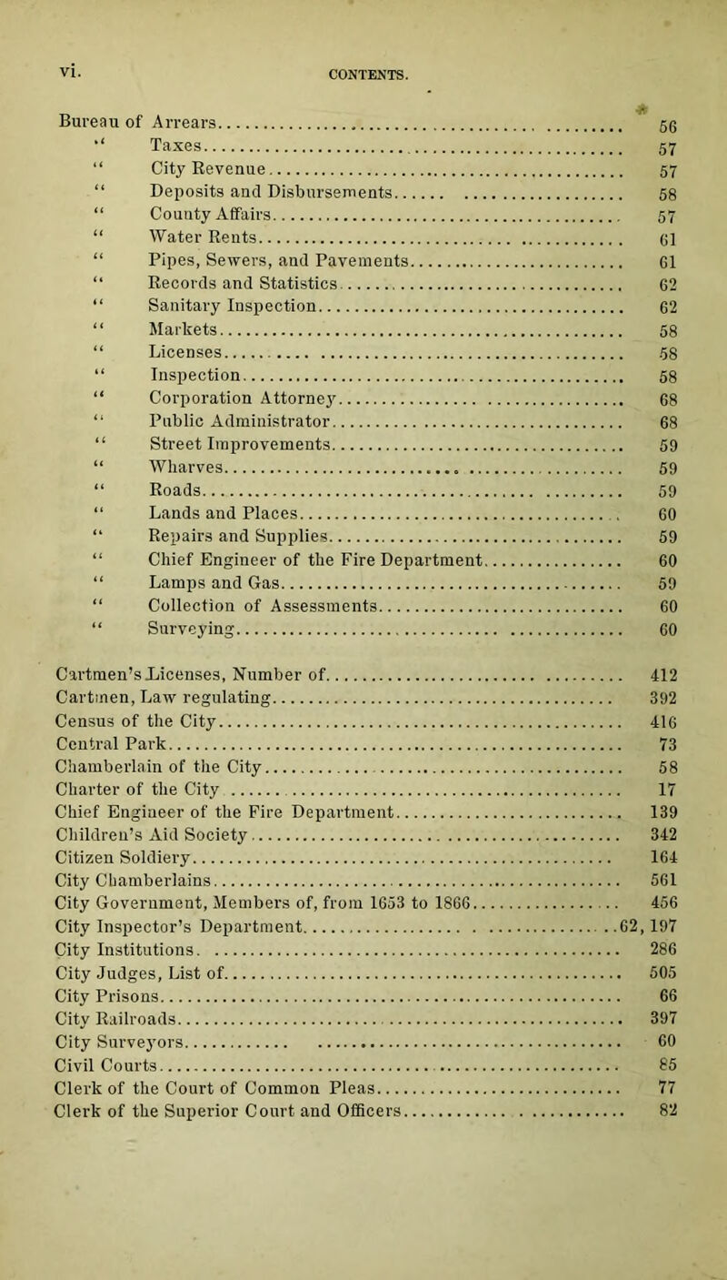 Bureau of Arrears 50 Taxes 57 “ City Revenue 57 “ Deposits and Disbursements 58 “ County Affairs 57 “ Water Rents 0] “ Pipes, Sewers, and Pavements G1 “ Records and Statistics G2 “ Sanitary Inspection 62 “ Markets 58 “ Licenses 58 “ Inspection 58 “ Corporation Attorney 68 “ Public Administrator 68 “ Street Improvements 59 “ Wharves 59 “ Roads 59 “ Lands and Places . 60 “ Repairs and Supplies 59 “ Chief Engineer of the Fire Department 60 “ Lamps and Gas 59 “ Collection of Assessments 60 “ Surveying 60 Cartmen’s .Licenses, Number of 412 Cartmen, Law regulating 392 Census of the City 416 Central Park 73 Chamberlain of the City 58 Charter of the City 17 Chief Engineer of the Fire Department 139 Children’s Aid Society 342 Citizen Soldiery 164 City Chamberlains 561 City Government, Members of, from 1653 to 1866 .. 456 City Inspector’s Department 62, 197 City Institutions 286 City Judges, List of 505 City Prisons 66 City Railroads 397 City Surveyors 60 Civil Courts 85 Clerk of the Court of Common Pleas 77 Clerk of the Superior Court and Officers 82