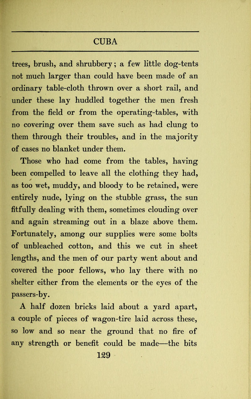 trees, brush, and shrubbery; a few little dog-tents not much larger than could have been made of an ordinary table-cloth thrown over a short rail, and under these lay huddled together the men fresh from the field or from the operating-tables, with no covering over them save such as had clung to them through their troubles, and in the majority of cases no blanket under them. Those who had come from the tables, having been compelled to leave all the clothing they had, as too wet, muddy, and bloody to be retained, were entirely nude, lying on the stubble grass, the sun fitfully dealing with them, sometimes clouding over and again streaming out in a blaze above them. Fortunately, among our supplies were some bolts of unbleached cotton, and this we cut in sheet lengths, and the men of our party went about and covered the poor fellows, who lay there with no shelter either from the elements or the eyes of the passers-by. A half dozen bricks laid about a yard apart, a couple of pieces of wagon-tire laid across these, so low and so near the ground that no fire of any strength or benefit could be made—the bits