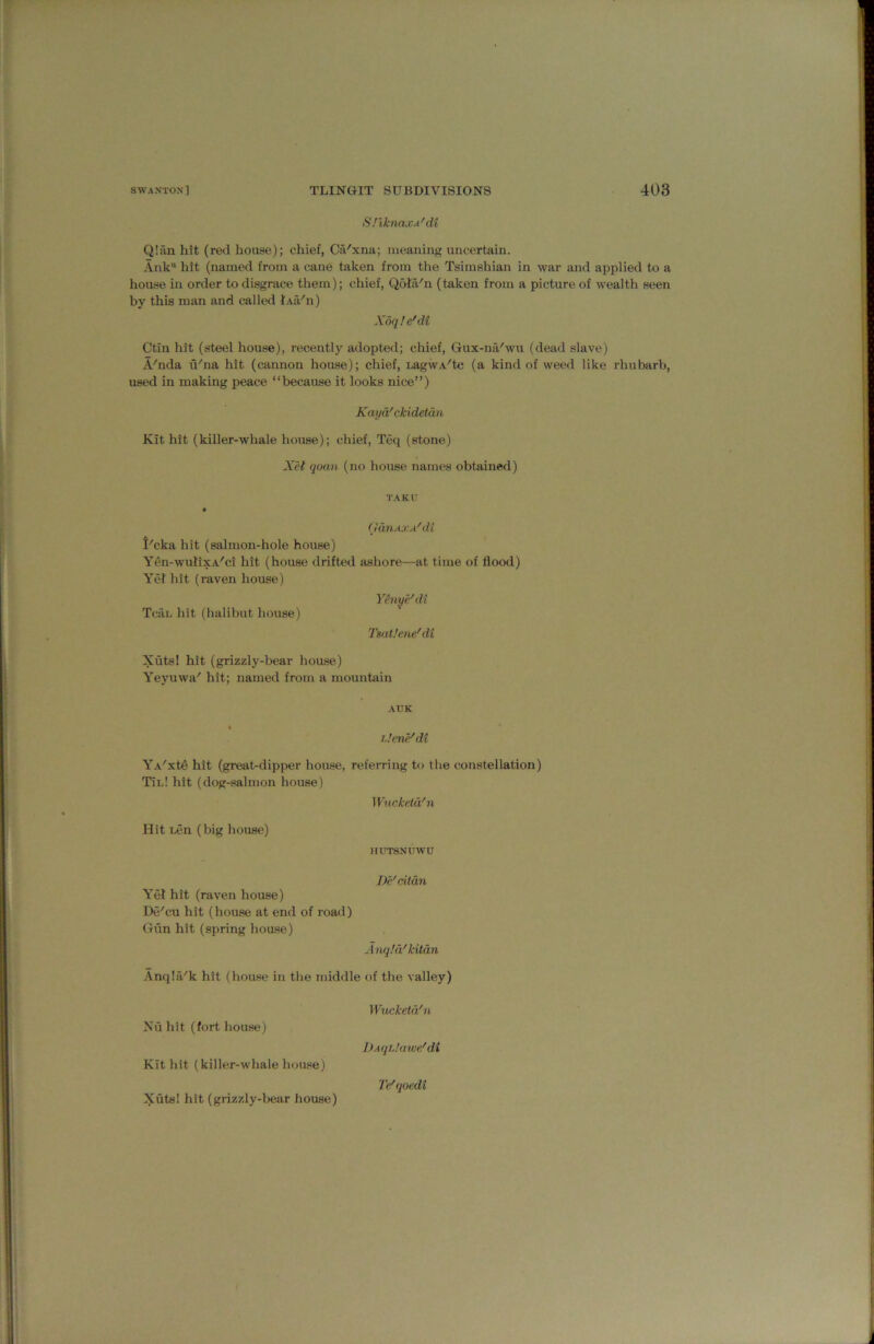 SliknaxA'di Qian hit (red house); chief, CiVxna; meaning uncertain. Ank hit (named from a cane taken from the Tsimshian in war and applied to a house in order to disgrace them); chief, QohVn (taken from a picture of wealth seen by this man and called lAtVn) Xdq/e'dt Ctin hit (steel house), recently adopted; chief, Gux-na''wu (dead slave) A'nda ii'na hit (cannon house); chief, LagwA'tc (a kind of weed like rhubarb, used in making peace “because it looks nice”) Kaya'ckidetdn Kit hit (killer-whale house); chief, Teq (stone) Xel qoan (no house names obtained) TAKU (rUriAXA^dt t'cka hit (salmon-hole house) Yen-wulixA'ci hit (house drifted ashore—at time of flood) Ycl hit (raven house) TcaL hit (halibut house) Yhiye'dt Tsatlene'di Xuts! hit (grizzly-bear house) Yeyuwa' hit; named from a mountain AUK I iden^di YA'xt6 hit (great-dipper house, referring to the constellation) TIl! hit (dog-.«ahnon house) Wucketd'n Hit i.en (big house) HUTSNtJWU De'dtdn A’el hit (raven house) De'cu hit (house at end of road) <Tvin hit (spring house) A nq!d'kitdn Anqla'k hit (house in the middle of the valley) Nil hit (fort hou.se) Kit hit (killer-whale house) Wucketd'n I)AqLktwe'di XutsI hit (grizzly-bear house) Te'qoedt