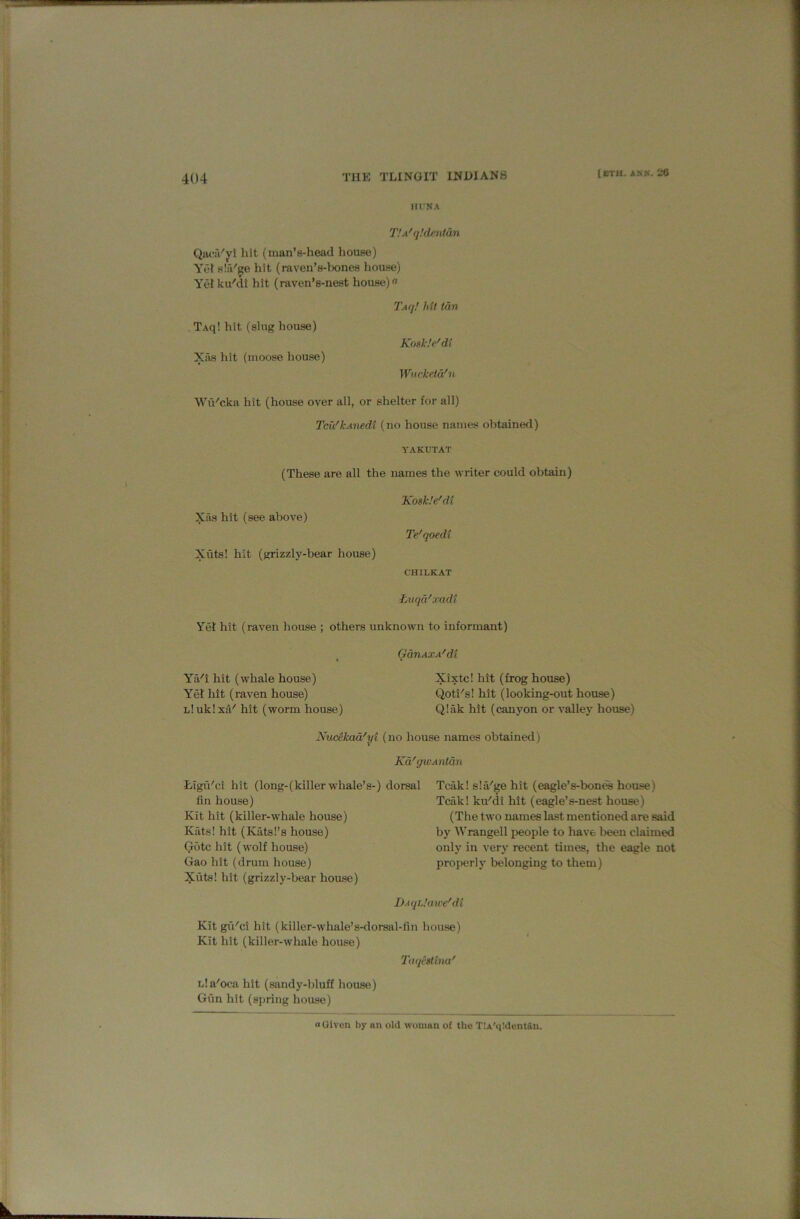 Hl'NA T.'A'fj.'dfiuldn Qwa'yi hit (man’s-head liouse) Yid s!a'ge hit (raven’e-lwnes hoane) Yelku'di hit (raven’s-nest house) a . Taq! hit (slug house) Xi'is hit (moose house) Ta<j! hit (an Kosk.’e'di Wucketd'n Wu'cka hit (house over all, or shelter for all) Tcu'kAnedi (no house names obtained) YAKUTAT (These are all the names the writer could obtain) Xiis hit (see above) Xuts! hit (grizzly-bear house) Kosk.’e'di Te'qoedt CHILKAT ■Luqd'xadt Yet hit (raven house ; others unknown to informant) YiVi hit (whale house) Yel hit (raven house) Lluklxd'' hit (worm house) (xdnAXA'di Xixtc! hit (frog house) Qeli's! hit (looking-out house) Q!ak hit (canyon or valley house) Nucekaa'yt (no house names obtained) Kd'gwAnidn ETgu'ci hit (long-(killerwhale’s-) dorsal fin house) Kit hit (killer-whale house) Kats! hit (Katsl’s house) Qotc hit (wolf house) Gao hit (drum house) Xuts! hit (grizzly-bear house) Teak! sla'ge hit (eagle’s-bon^ house) Teak! ku'di hit (eagle’s-nest house) (The two names last mentioned are said by Wrangell people to have been claimed only in very recent times, the eagle not properly belonging to them) DAqLlawe'di Kit gii'ci hit (killer-whale’s-dorsal-fin house) Kit hit (killer-whale house) Toqiatina' nla'oca hit (sandy-bluff house) Gun hit (spring house) a Given by an old woman of the TlA'qldcntftn.