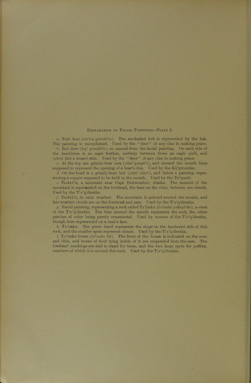 a. Fort deer [nii'u'u qowaM'n). The stockaded fort is represented by the hat. The painting is unexplained. Used by the “deer” of any clan in making peace. h. Red deer {leq! qowakd'n), so named from the facial painting. On each side of the headdress is an eagle feather, midway between these an eagle quill, and l/elow this a weasel skin. Used by the “deer” of any clan in making peace. c. At the top are grizzly-bear ears {xids! gAngii'c), and around the mouth lines supposed to represent the opening of a bear’s den. Used bj’ the Ku'gwAntan. d. On the head is a grizzly-bear hat {xids! s!cix^'), and below a painting repre- senting a copper supposed to be held in the mouth. Used by the Te''qoedi. e. TsAlxiVn, a mountain near Cape Fairweather, Alaska. The summit of the mountain is represented on the forehead, the base on the chin; between are clouds. Used by the TlA'qldentan. /. Ts.vlxa'n, in calm weather. The mountain is painted around the mouth, and fair-weather clouds are on the forehead and ears. Used by the TlA^qldentan. g. Facial painting, representing a rock called TA'iiaku {lA'nahu yAkuxVda), a crest of the TlA^qldentan. The blue around the mouth represents the rock, the other j)atches of color being purely ornamental. Used by women of the T!.\'q!dent^, though here represented on a man’s face. h. T.\'naku. The green band represents the slope'on the landward side of this rock, and the smaller spots represent clouds. Used by the TiA'qldentan. i. T.\''naku house {tA'nahi Mt). The front of the house is indicated on the nose and chin, and boxes of food lying inside of it are suspended from the ears. The forehead markings are said to stand for trees, and the two large spots for puffins, numbers of which live around this rock. Used by the TlA'qldentan.