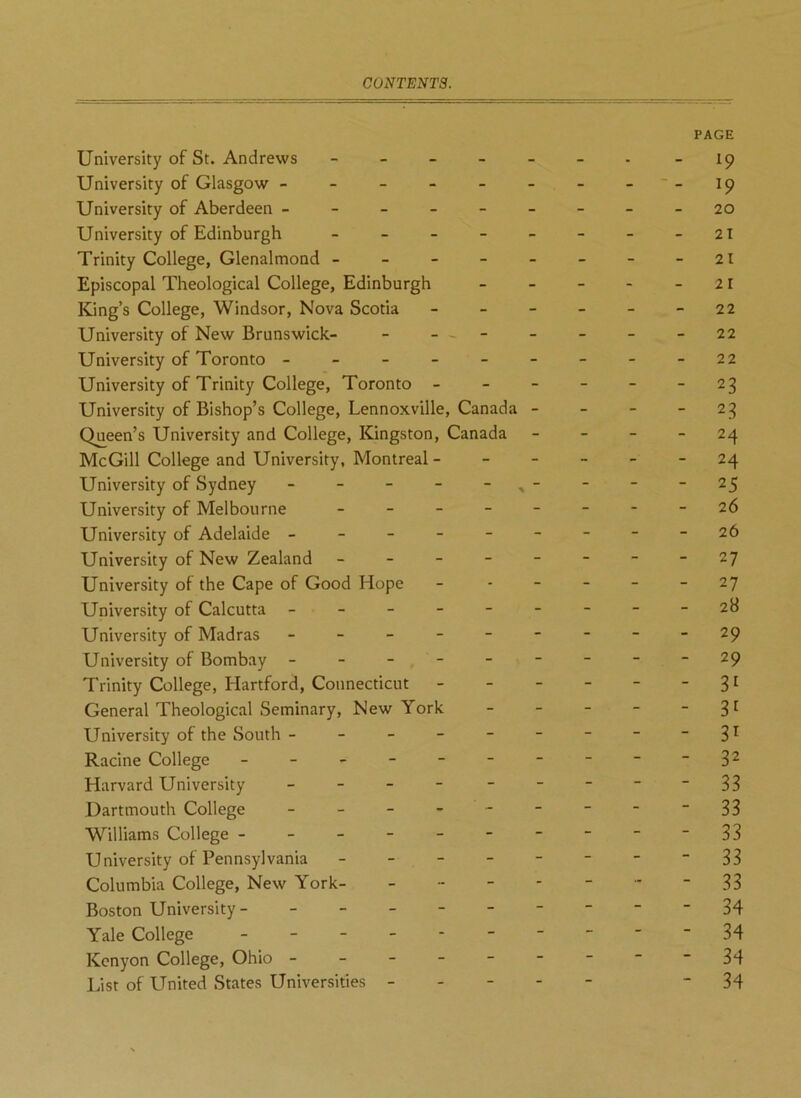 University of St. Andrews - University of Glasgow ------ University of Aberdeen ------ University of Edinburgh - Trinity College, Glenalmond - - - - - Episcopal Theological College, Edinburgh King’s College, Windsor, Nova Scotia - - - University of New Brunswick- - - - University of Toronto ------ University of Trinity College, Toronto - University of Bishop’s College, Lennoxville, Canada - Queen’s University and College, Kingston, Canada McGill College and University, Montreal - - - University of Sydney - - - - , - University of Melbourne - University of Adelaide ------ University of New Zealand ----- University of the Cape of Good Hope University of Calcutta ------ University of Madras ------ University of Bombay ------ Trinity College, Hartford, Connecticut - General Theological Seminary, New York University of the South ------ Racine College ------- Harvard University - - Dartmouth College ------ Williams College ------- University of Pennsylvania - Columbia College, New York- - Boston University- ------ Yale College - - Kenyon College, Ohio - - - - - List of United States Universities - - - - PAGE !9 19 20 21 21 21 22 22 22 23 2 3 24 24 25 26 26 27 27 28 29 29 3i 3i 31 32 33 33 33 33 33 34 34 34 34