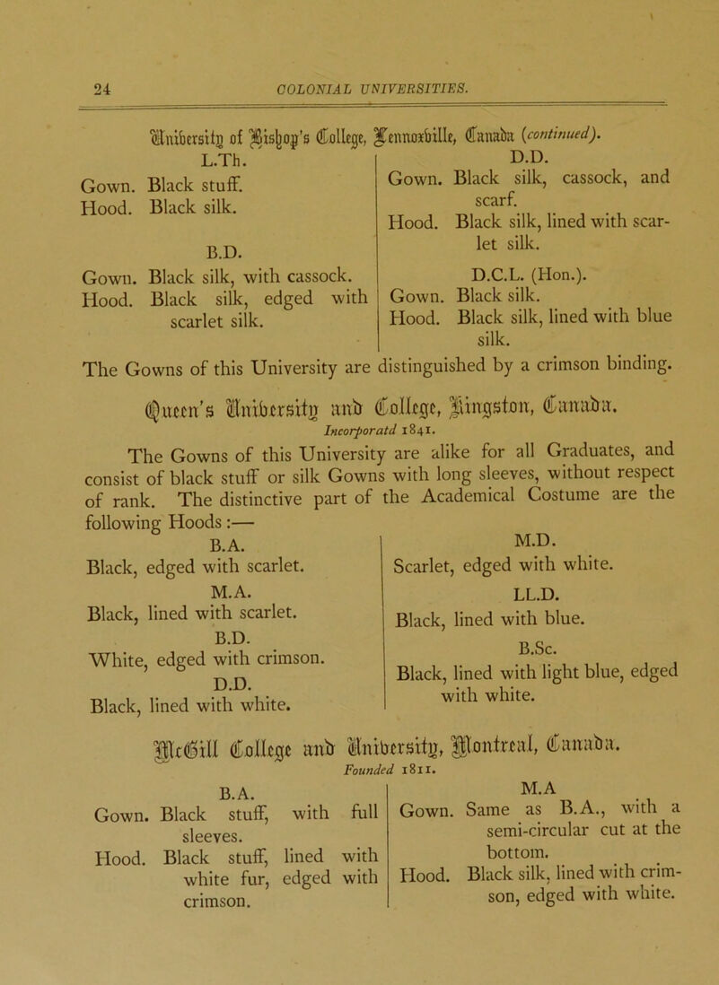 Hnibcrsitg of ^isbos’s College, ^ennoibille, Canaba (continued). L.Th. Gown. Black stuff. Hood. Black silk. B.D. Gown. Black silk, with cassock. Hood. Black silk, edged with scarlet silk. D.D. Gown. Black silk, cassock, and scarf. Hood. Black silk, lined with scar- let silk. D.C.L. (Hon.). Gown. Black silk. Hood. Black silk, lined with blue silk. The Gowns of this University are distinguished by a crimson binding. (Queen's limber situ anb College, fUngston, Canaba. Incorporatd 1841. The Gowns of this University are alike for all Graduates, and consist of black stuff or silk Gowns with long sleeves, without respect of rank. The distinctive part of the Academical Costume are the following Hoods:— B.A. M-D- Black, edged with scarlet. Scarlet, edged with white. M.A. Black, lined with scarlet. B.D. White, edged with crimson. D.D. Black, lined with white. LL.D. Black, lined with blue. B.Sc. Black, lined with light blue, edged with white. JPciill College anb Inibersitg, glontreal, Canaba. Founded 1811. B.A. Gown. Black stuff, with full sleeves. Hood. Black stuff, lined with white fur, edged with crimson. M.A Gown. Same as B.A., with a semi-circular cut at the bottom. Hood. Black silk, lined with crim- son, edged with white.