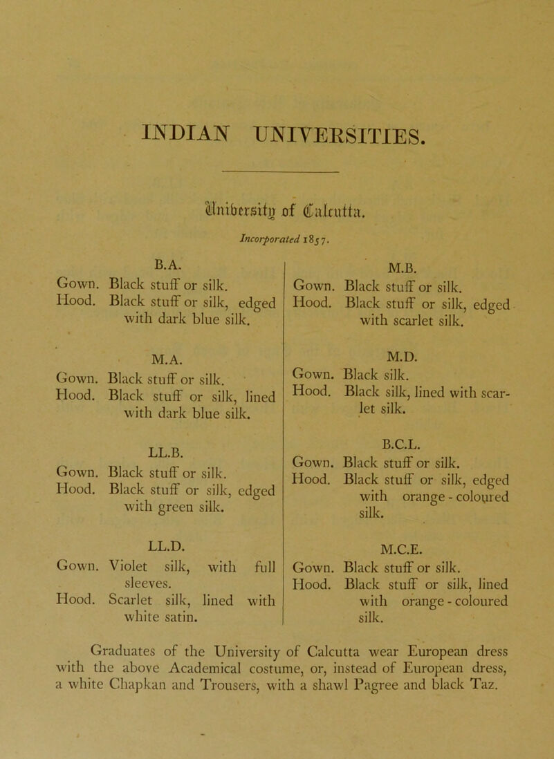 INDIAN UNIVERSITIES Hnitestij of (Lalcutta. Incorporated 185 7. B.A. Gown. Black stuff or silk. Hood. Black stuff or silk, edged with dark blue silk. M.A. Gown. Black stuff or silk. Hood. Black stuff or silk, lined with dark blue silk. LL.B. Gown. Black stuff or silk. Hood. Black stuff or silk, edged with green silk. LL.D. Gown. Violet silk, with full sleeves. Hood. Scarlet silk, lined with white satin. M.B. Gown. Black stuff or silk. Hood. Black stuff or silk, edged with scarlet silk. M.D. Gown. Black silk. Hood. Black silk, lined with scar- let silk. B.C.L. Gown. Black stuff or silk. Hood. Black stuff or silk, edged with orange - coloured silk. M.C.E. Gown. Black stuff or silk. Hood. Black stuff or silk, lined with orange - coloured silk. Graduates of the University of Calcutta wear European dress with the above Academical costume, or, instead of European dress, a white Chapkan and Trousers, with a shawl Pagree and black Taz.