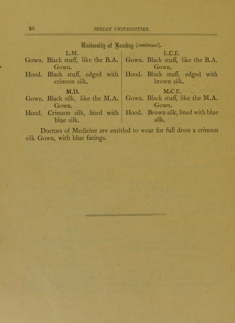 ^tnibcrsitn of ^Bombaji (continued). L. M. Gown. Black stuff, like the B.A. Gown. Hood. Black stuff, edged with crimson silk. M. U. Gown. Black silk, like the M.A. Gown. Hood. Crimson silk, lined with blue silk. L. C.E. Gown. Black stuff, like the B.A. Gown. Hood. Black stuff, edged with brown silk. M. CE. Gown. Black stuff, like the M.A. Gown. Hood. Brown silk, lined with blue silk. Doctors of Medicine are entitled to wear for full dress a crimson silk Gown, with blue facings.