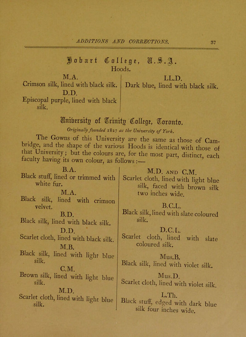 ADDITIONS AND CORRECTIONS. nbart C allege, H.S.g. Hoods. M.A. Crimson silk, lined with black silk. D.D. Episcopal purple, lined with black silk. LL.D. Dark blue, lined with black silk. Imhersilg of ®rmrf]t Callege, %axaxda. Originally founded 1827 as the University of York. The Gowns of this University are the same as those of Cam- bridge, and the shape of the various Hoods is identical with those of that University; but the colours are, for the most part, distinct, each faculty having its own colour, as follows:— B.A. Black stuff, lined or trimmed with white fur. M.A. Black silk, lined with crimson velvet. B. D. Black silk, lined with black silk. D.D. Scarlet cloth, lined with black silk. M.B. Black silk, lined with light blue silk. C. M. Brown silk, lined with light blue silk. M.D. Scarlet cloth, lined with light blue silk. M.D. and C.M. Scarlet cloth, lined with light blue silk, faced with brown silk two inches wide. B.C.L. Black silk, lined with slate coloured silk. D.C. [,. Scarlet cloth, lined with slate coloured silk. Mus.B. Black silk, lined with violet silk. Mus.D. Scarlet cloth, lined with violet silk. L.Th. Black stuff, edged with dark blue silk four inches wide.