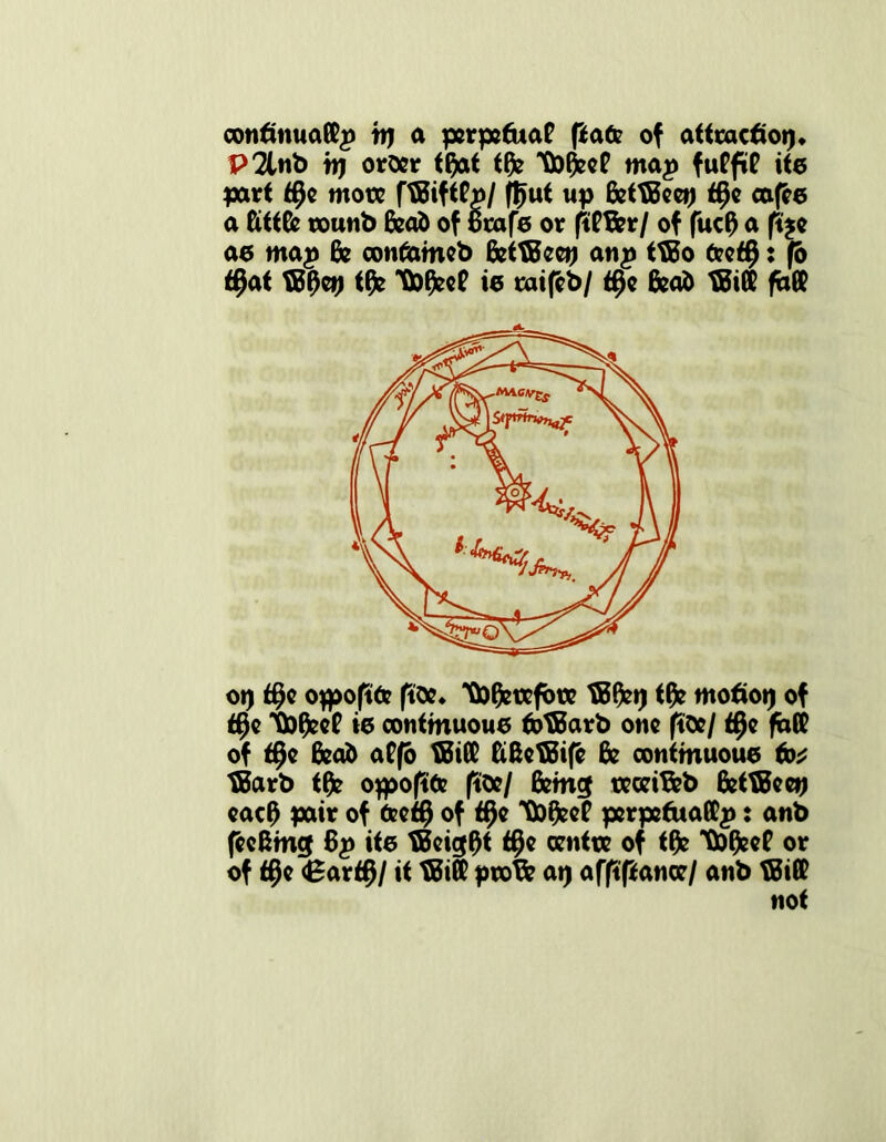 confmuaffi^ tt) a perpetua? pafe of attcactfoi), P2lnb nj orter t$at tfc TbfSeeP ma^ fuPftf itc part t#e more ftBiftPp/ (Jut up GettScet^ $e cafe© a ftttfe tounb Bead of Btafe or pHfer/ of fucB a ftjc ae map & confameb BetfBeei) anp ttBo fceti): fo t#at fB0etf tfc TbfceP ie roifeb/ tf)e Beafc tBitt fatt oi) $e ojpoftfe ftOc* TbBeixfbtx tBfci) tfc motiot) of t§e TbBeeP ie continuous fotBarb one fioe/ t$e faff of t$c Bead aPfb tBitt BBefBife Be continuous to* tBarb tfc o#>o(t& fioe/ Being teceiBeb BettBeej) eacB pair of feet# of t$e TbBeeP perpcfciattp: anb feeding 6p its tBeigBt ty* centre of tfle TbBeeP or of tf)e <Bart§/ it tBi® ptoB? ai) afftpance/ anb tBiffi not