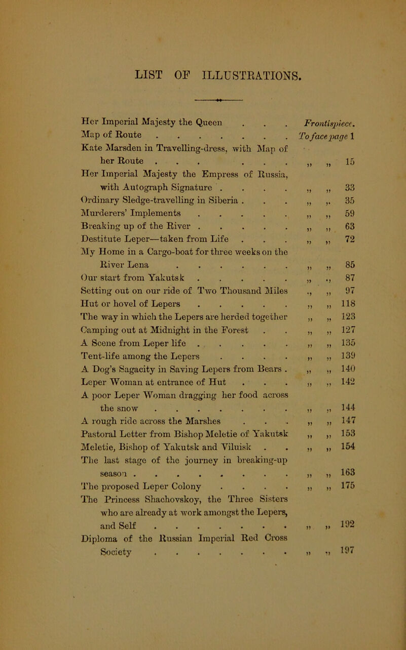LIST OP ILLUSTRATIONS Her Imperial Majesty the Queen Map of Route Kate Marsden in Travelling-dress, with Map of her Route ... ... Her Imperial Majesty the Empress of Russia, with Autograph Signature .... Ordinary Sledge-travelling in Siberia . Murderers’ Implements ..... Breaking up of the River Destitute Leper—taken from Life My Home in a Cargo-boat for three weeks on the River Lena Our start from Yakutsk Setting out on our ride of Two Thousand Miles Hut or hovel of Lepers The way in which the Lepers are herded together Camping out at Midnight in the Forest A Scene from Leper life ..... Tent-life among the Lepers . A Dog’s Sagacity in Saving Lepers from Bears . Leper Woman at entrance of Hut A poor Leper Woman dragging her food across the snow A rough ride across the Marshes Pastoral Letter from Bishop Meletie of Yakutsk Meletie, Bishop of Yakutsk and Viluisk The last stage of the journey in breaking-up season The proposed Leper Colony . The Princess Shachovskoy, the Three Sisters who are already at work amongst the Lepers, and Self ....... Diploma of the Russian Imperial Red Cross Society Frontispiece. To face page 1 yy yy 15 yy yy 33 yy y• 35 yy yy 59 yy 63 yy yy 72 yy yy 85 yy •y 87 •y yy 97 yy yy 118 yy yy 123 10 7 yy yy 1J, l yy yy 135 yy yy 139 yy yy 140 yy yy 142 yy yy 144 yy yy 147 yy yy 153 yy yy 154 yy yy 163 yy yy 175 it 192 » 197