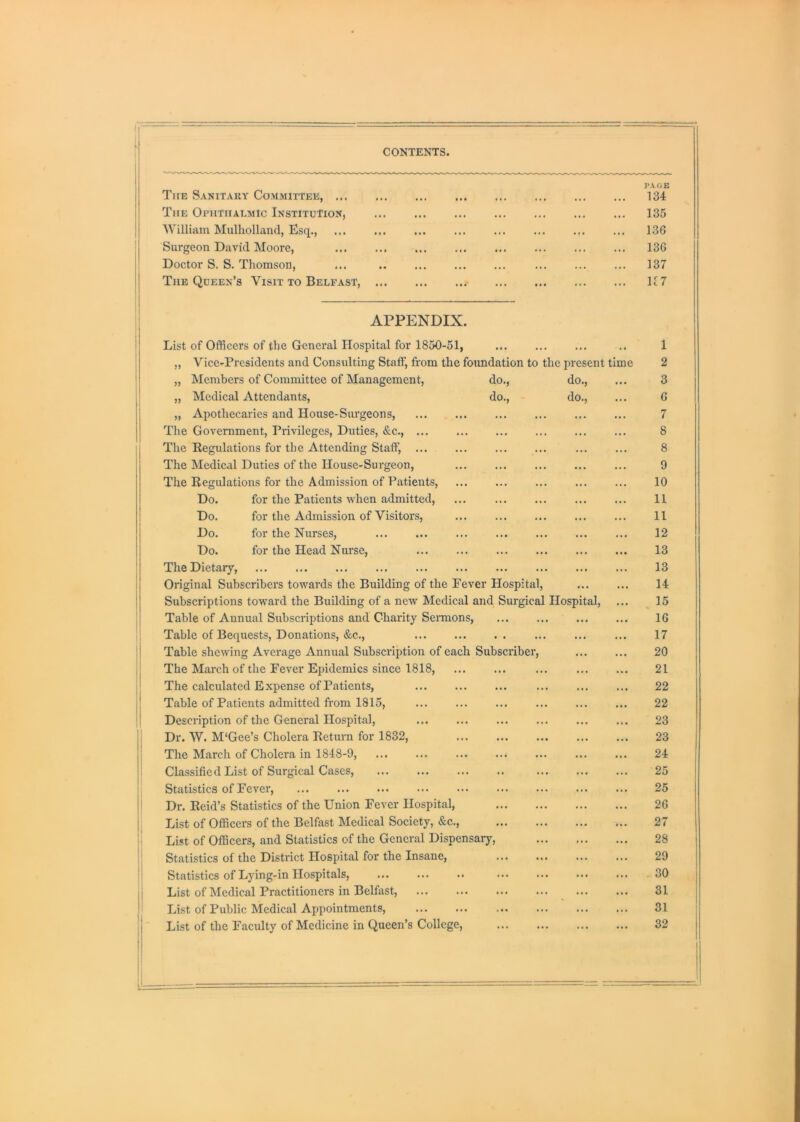 CONTENTS. The Sanitary Committee, The Ophthalmic Institution, ■\Villiam Mulliolland, Esq., Surgeon David Moore, Doctor S. S. Thomson, The Queen’s Visit to Belfast, ... PAGE 134 135 136 136 137 1^7 APPENDIX. List of Officers of the General Hospital for 1850-51, „ Vice-Presidents and Consulting Staff, from the foundation to the present ti „ Members of Committee of Management, „ Medical Attendants, „ Apothecaries and House-Surgeons, The Government, Privileges, Duties, »Scc., ... The Regulations for the Attending Staff, ... The Medical Duties of the House-Surgeon, The Regulations for the Admission of Patients, Do. for the Patients when admitted. Do. for the Admission of Visitors, Do. for the Nurses, Do. for the Head Nurse, do., do.. do., do.. The Dietary, Original Subscribers towards the Building of the Fever Hospital, Subscriptions toward the Building of a new Medical and Surgical Hospital, Table of Annual Subscriptions and Charity Sermons, Table of Bequests, Donations, &c., Table shewing Average Annual Subscription of each Subscriber, The March of the Fever Epidemics since 1818, The calculated Expense of Patients, Table of Patients admitted from 1815, Description of the General Hospital, Dr. W. M‘Gee’s Cholera Return for 1832, The March of Cholera in 1848-9, Classified List of Surgical Cases, Statistics of Fever, Dr. Reid’s Statistics of the Union Fever Hospital, List of Officers of the Belfast Medical Society, &c., List of Officers, and Statistics of the General Dispensary, Statistics of the District Hospital for the Insane, Statistics of Lying-in Hospitals, List of Medical Practitioners in Belfast, List of Public Medical Appointments, List of the Faculty of Medicine in Queen’s College, 1 2 3 6 7 8 8 9 10 11 11 12 13 13 14 15 ' 16 17 20 21 22 22 23 23 24 25 25 26 27 28 29 30 31 31 32