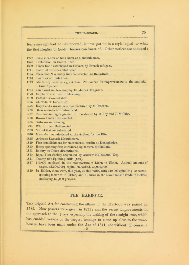 THE HARBOUR. few years ago had to be imported, is now got up in a style equal to what the first English or Scotch houses can boast of. Other notices are annexed: 1272 First mention of Irish linen as a manufacture. 1G78 Prohibition on French linen. 1699 Linen trade established in Lisburn by French refugees. 1711 Board of Trustees established. 1725 Bleaching Machinery first constructed at Ballydrain. 1743 Bounties on Irish linen. 1749 Mr. F. Joy receives a grant fi'om Parliament for improvements in the manufac- ture of paper. 1764 Lime used in bleaching, by Dr. James Ferguson. 1770 Sulphuric acid used in bleaching. 1780 Potass discovered ditto. 1795 Chloride of Lime ditto. 1758 Ropes and canvass first manufactured by M‘Cracken. 1776 Glass manufacture inti’oduced. 1777 Cotton-spinning originated in Poor-house by R. Joy and J. M'Cabe. 1773 Brown Linen Hall erected, 1785 Sail-canvass weaving. 1794 White Linen Hall erected, 1798 Vitriol first manufactured, 1810 Mats, &c., manufactured at the Asylum for the Blind. 1825 Ardoyne Damask Manufactory. 1829 First establishment for embroidered muslin at Donaghadee. 1830 Hemp-spinning first introduced by Messrs. Mulholland. 1833 Bounty on Linen discontinued, 1840 Royal Flax Society originated by Andrew Mulholland, Esq. 1841 Twenty-five Spinning Mills (flax). 1847 170,000 employed in the manufacture of Linen in Ulster. Annual amount of wages, £1,200,000; capital embarked, £5,000,000. 1849 In Belfast, there were, this year, 32 flax mills, with 312,000 spindles ; 10 cotton- spinning factories in Ulster; and 40 firms in the sewed muslin trade in Belfast, employing 150,000 persons. THE HARBOUR, The original Act for conducting the affairs of the Harbour was passed in 1785. New powers were given in 1831; and the recent improvements in the approach to the Quays, especially the making of the straight cuts, which has enabled vessels of the largest tonnage to come up close to the ware- houses, have been made under the Act of 1841, not without, of course, a c 2